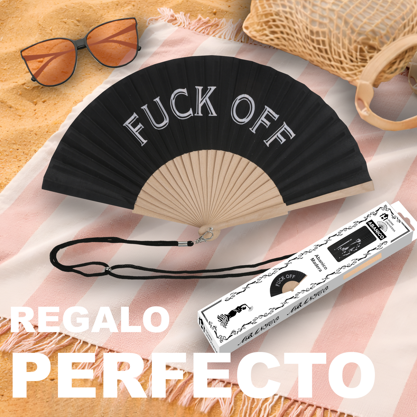 Home Universal® Abanico 23 cm con Cuerda para Cuello – Abanico Plegable de Madera Ligero y Portátil – Accesorio de Verano para Playa, Festivales, Bodas y Eventos – Diseño Divertido, Ideal para Viajes y Calor (FUC* OFF (Negro))