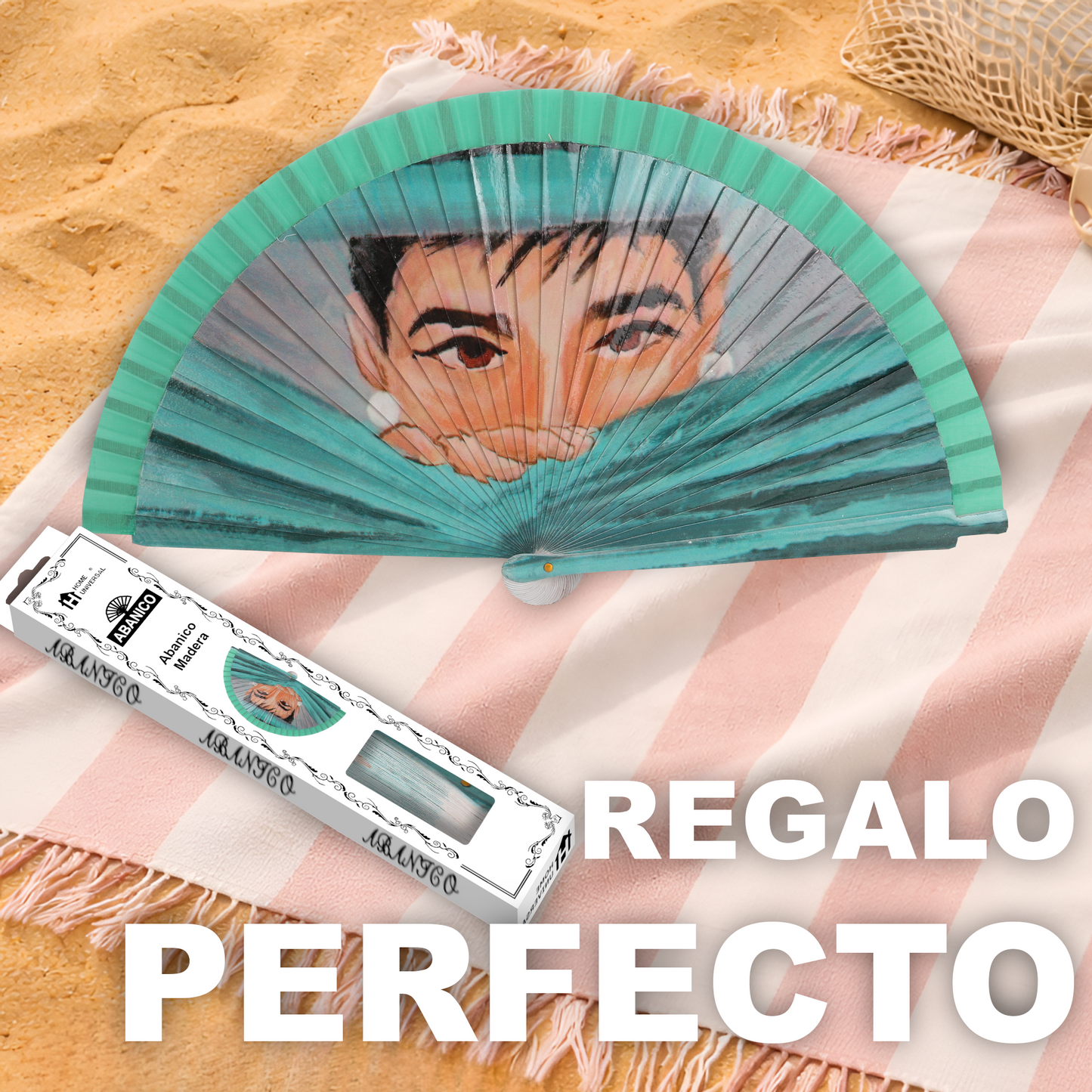 Home Universal®  Abanico 23CM DE Madera Lisa con Tela de Marfil, Abanico de Madera Adornado, Abanico Original - Audrey Hepburn (Dibujo Artístico)