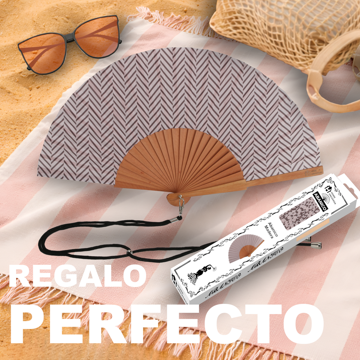 Home Universal® Abanico de Madera con Tela 23 cm, Abanico Plegable de Mano con Cordón, Ligero y Portátil para Verano, Bodas, Ferias y Fiestas (Espiga Rosa)