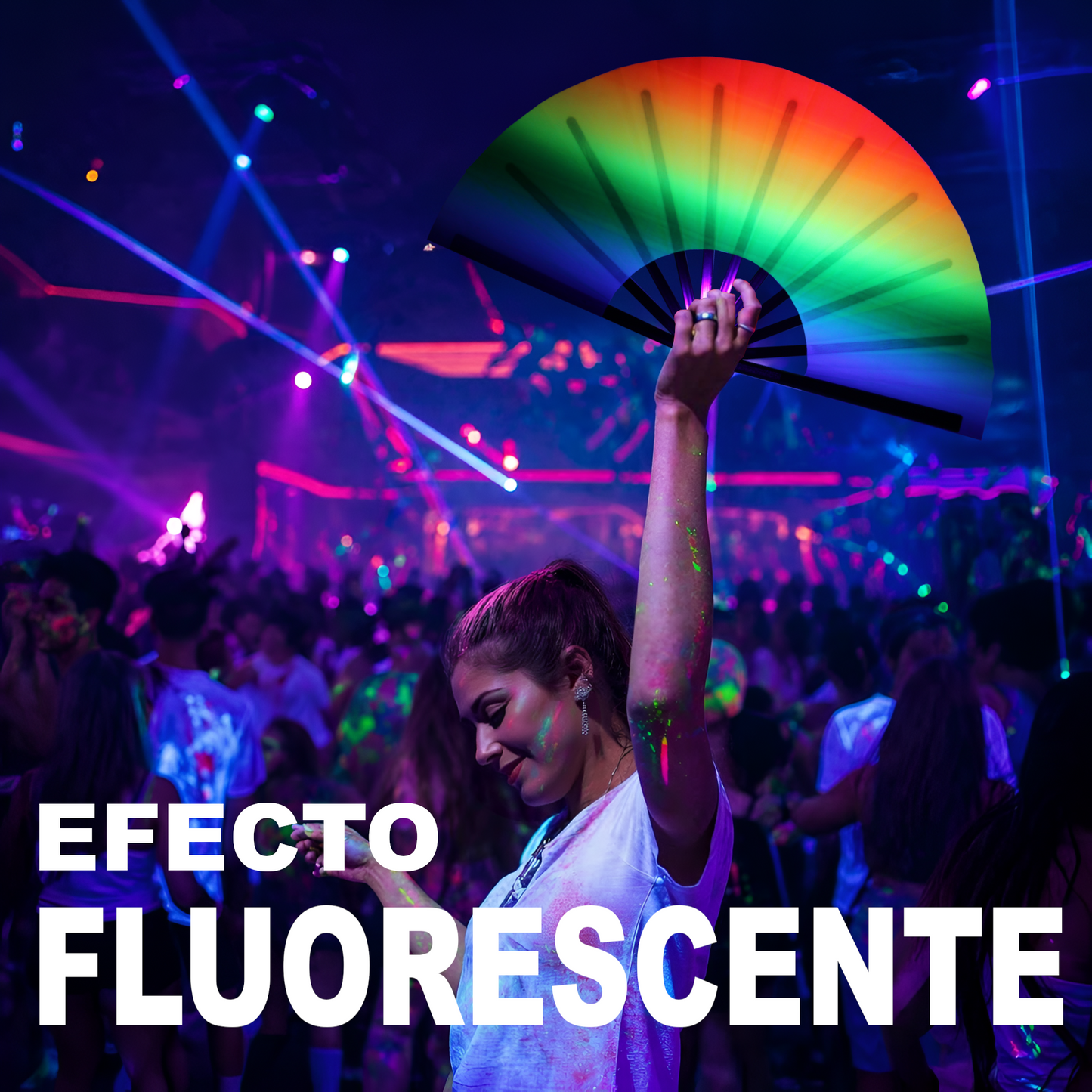 Home Universal® Abanico XXL 33 cm Grande de Plástico con Caja – Plegable, Ligero y Resistente – Efecto Fluorescente Brillante – Ideal para Verano, Fiesta, Discoteca, Pride y Eventos (ArcoÍris - Degradado)