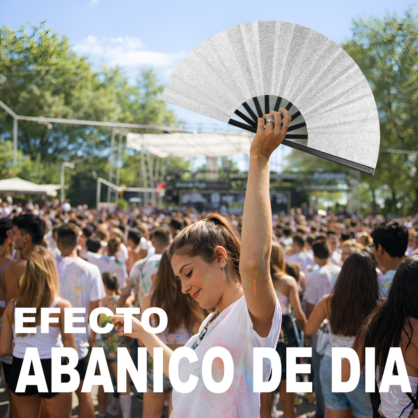 Home Universal® Abanico XXL 33 cm Grande de Plástico con Caja – Plegable, Ligero y Resistente – Efecto Fluorescente Brillante – Ideal para Verano, Fiesta, Discoteca, Pride y Eventos - Plateado (Purpurina)