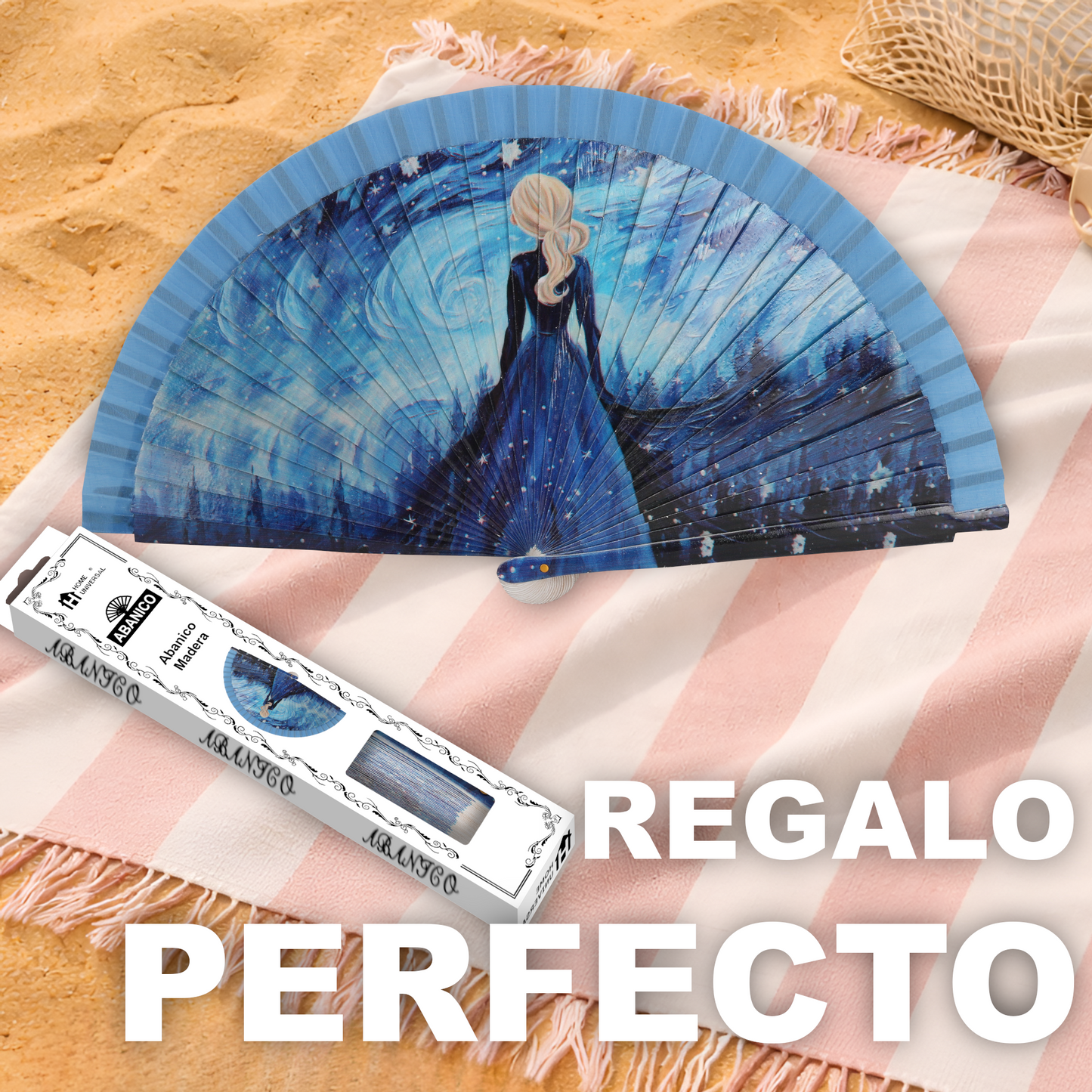 Home Universal®  Abanico 23CM DE Madera Lisa con Tela de Marfil, Abanico de Madera Adornado, Abanico Original - Elsa de Frozen (Dibujo Artístico)