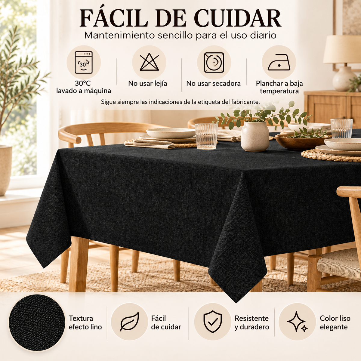 Home Universal® Mantel de Mesa Impermeable y Antimanchas, Tejido de Loneta con Efecto Lino , Liso o Estampado, para Cocina y Comedor (Negro Liso)