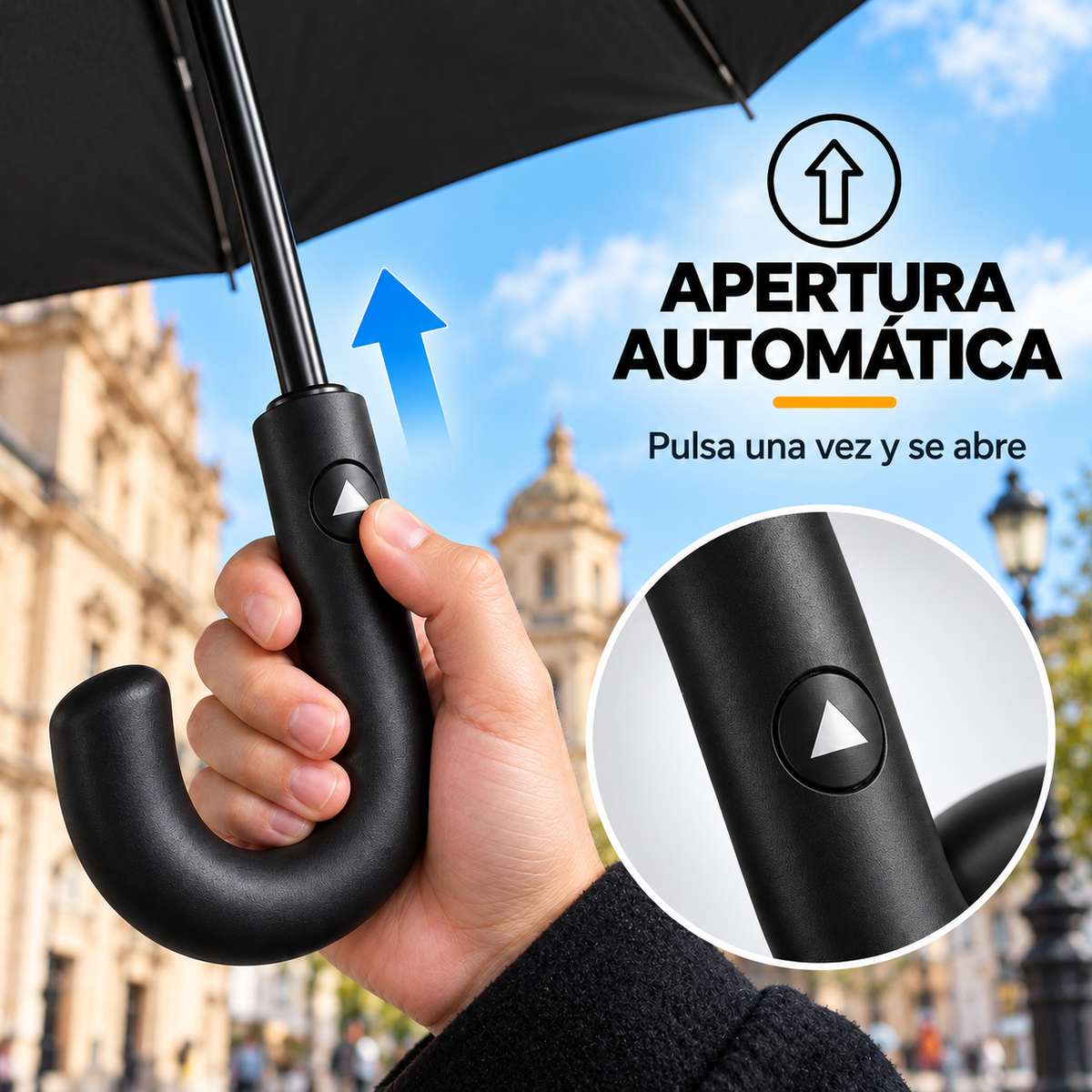 Home Universal® Paraguas Automático Plegable Grande, Compacto y Resistente, para Lluvia y Sol (Solo Apertura Automática (Mango Curvo))
