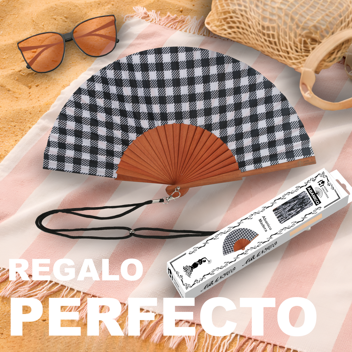 Home Universal® Abanico de Madera con Tela 23 cm, Abanico Plegable de Mano con Cordón, Ligero y Portátil para Verano, Bodas, Ferias y Fiestas (Vichy Negro)