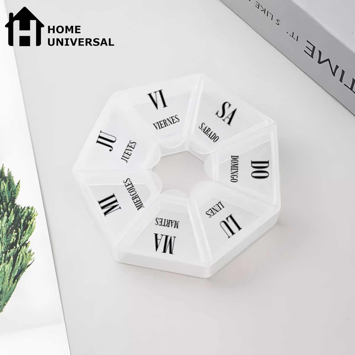 Home Universal® Pastillero portátil y semanal con 6, 7 o 28 compartimentos | Caja organizadora de pastillas con cortador integrado – Diferentes colores y formatos (Pastillero semanal 7 compartimentos - Octogonal)