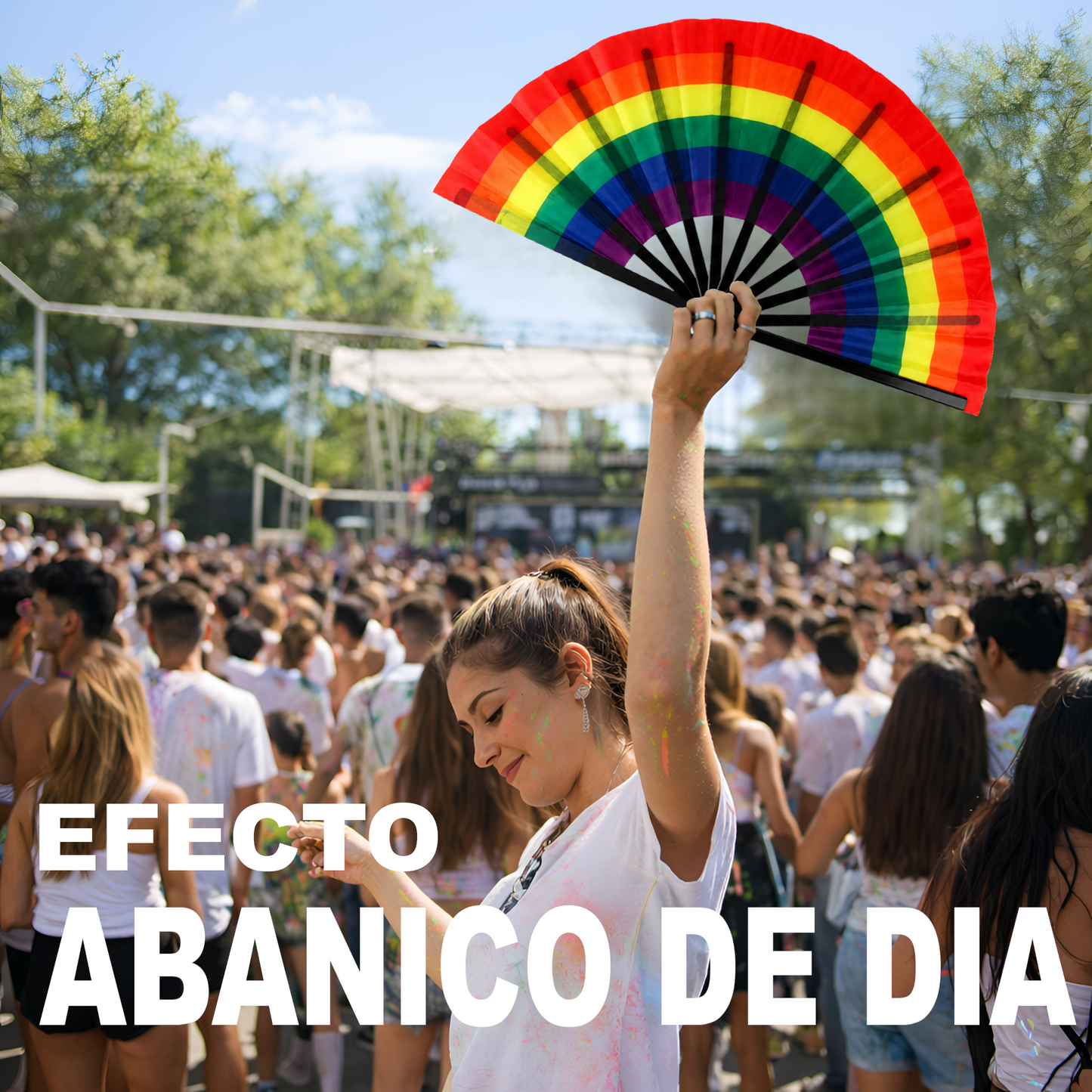 Home Universal® Abanico XXL 33 cm Grande de Plástico con Caja – Plegable, Ligero y Resistente – Efecto Fluorescente Brillante – Ideal para Verano, Fiesta, Discoteca, Pride y Eventos - ARCOIRIS_Noir (Estampado)