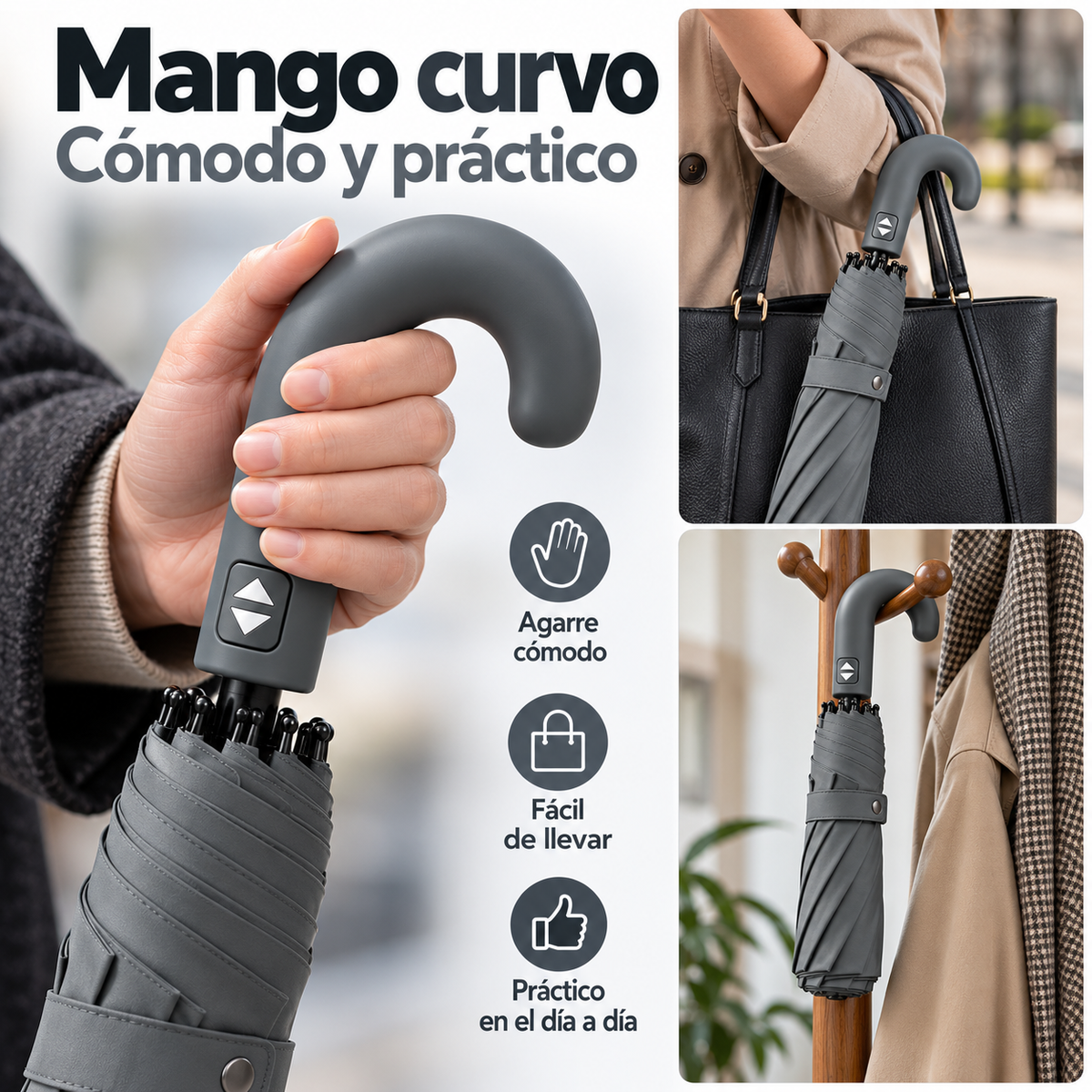 Home Universal® Paraguas Automático Plegable Grande, Compacto y Resistente, para Lluvia y Sol (Mango Curvo (Gris))