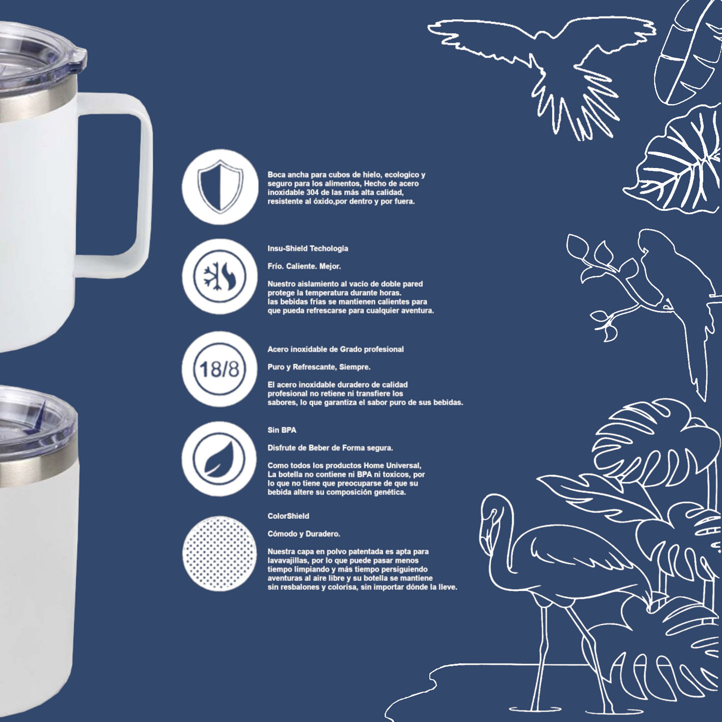 Home Universal® Taza Térmica 400 ml de Acero Inoxidable con Tapa – Vaso Termo Reutilizable para Café y Té, Mantiene Bebidas Calientes y Frías (Blanco)