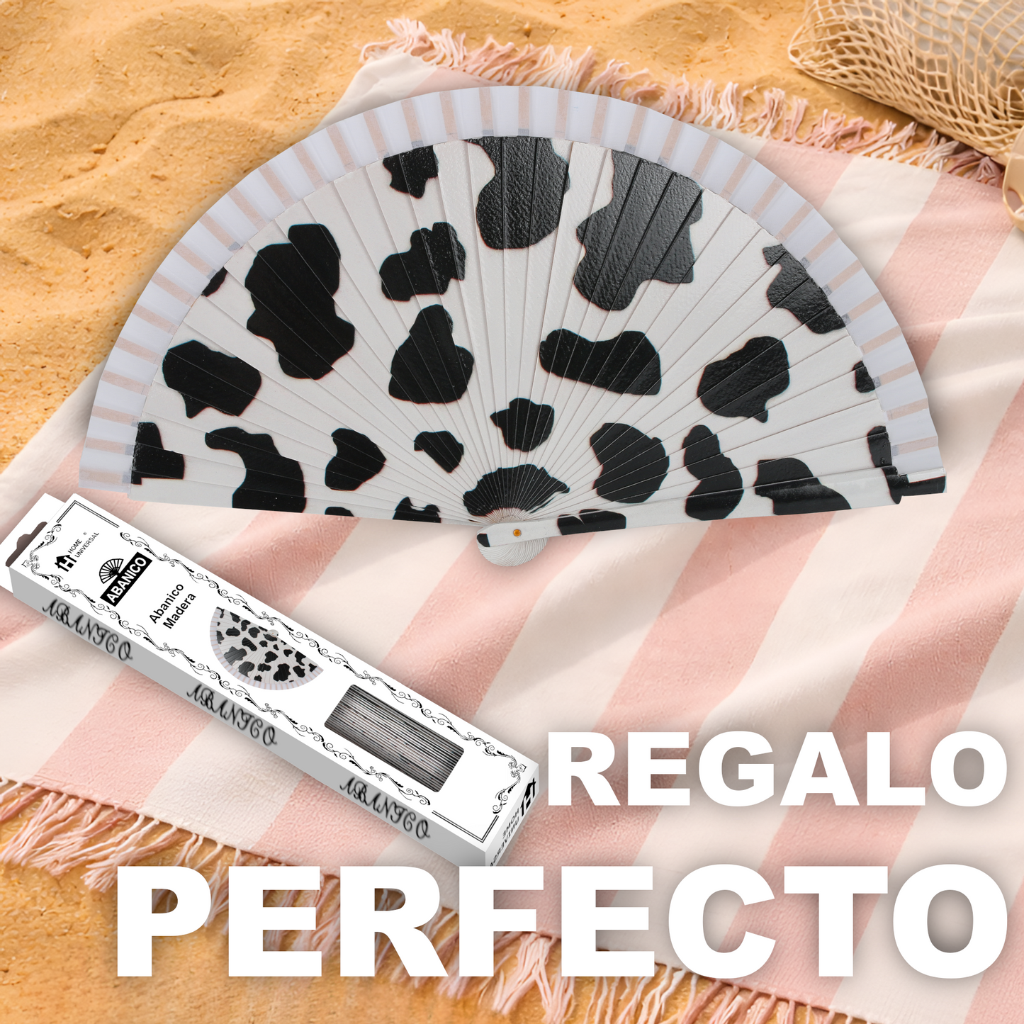 Home Universal®  Abanico 23CM DE Madera Lisa con Tela de Marfil, Abanico de Madera Adornado, Abanico Original - Estampado Vaca (Cow Print)