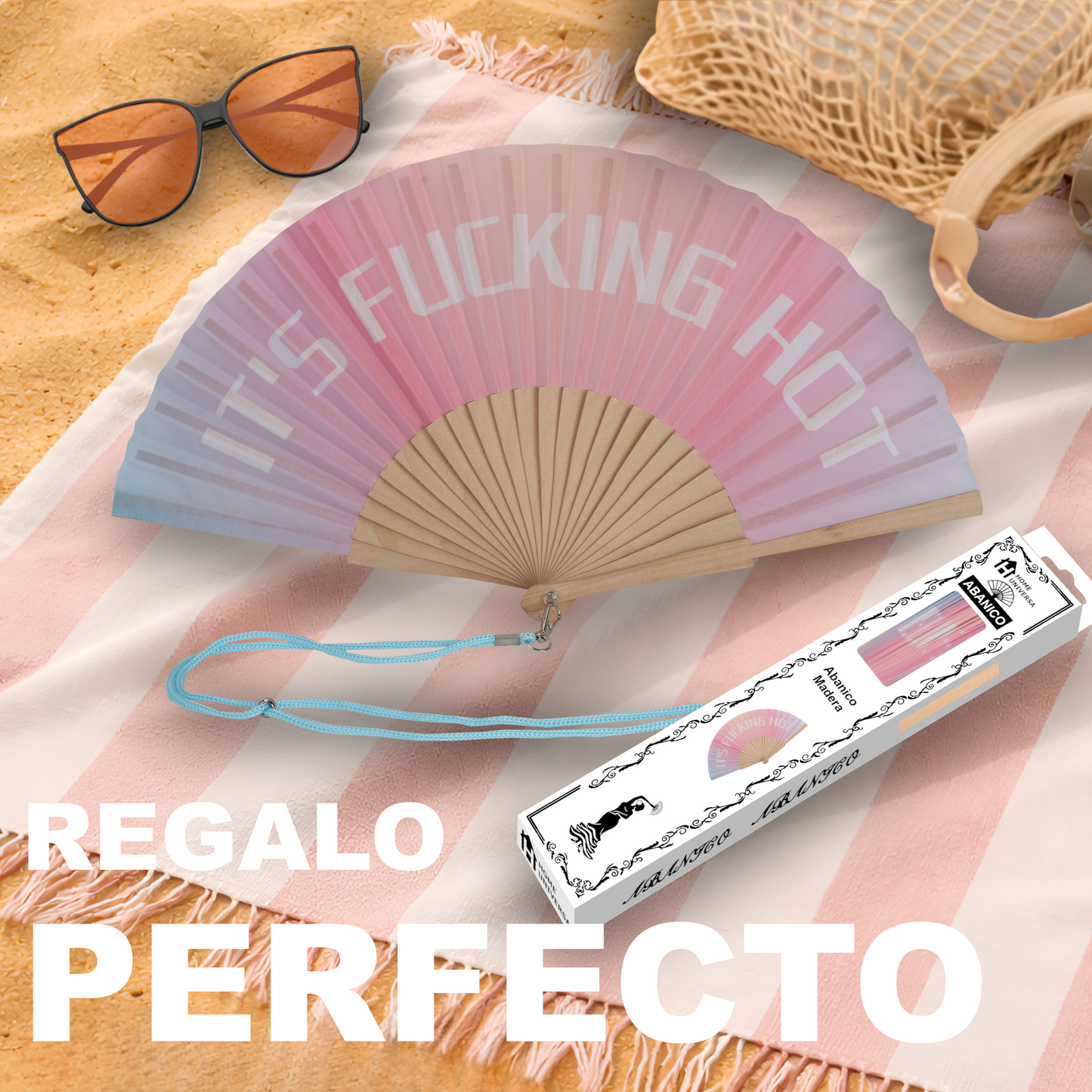 Home Universal® Abanico 23 cm con Cuerda para Cuello – Abanico Plegable de Madera Ligero y Portátil – Accesorio de Verano para Playa, Festivales, Bodas y Eventos – Diseño Divertido, Ideal para Viajes y Calor (IT´S FUC*ING HOT (Fantasía))