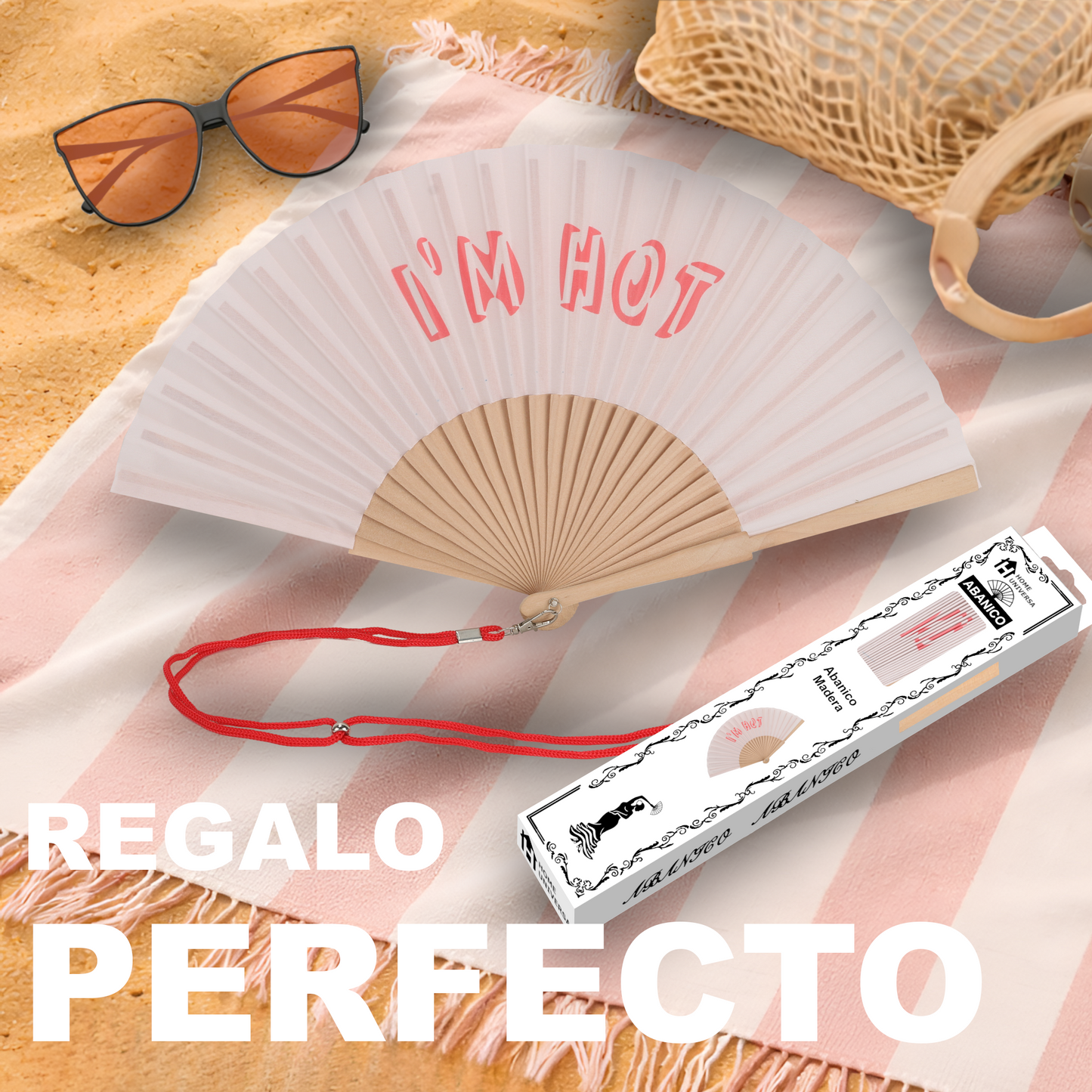 Home Universal® Abanico 23 cm con Cuerda para Cuello – Abanico Plegable de Madera Ligero y Portátil – Accesorio de Verano para Playa, Festivales, Bodas y Eventos – Diseño Divertido, Ideal para Viajes y Calor (I´M HOT (Rosa Palo))
