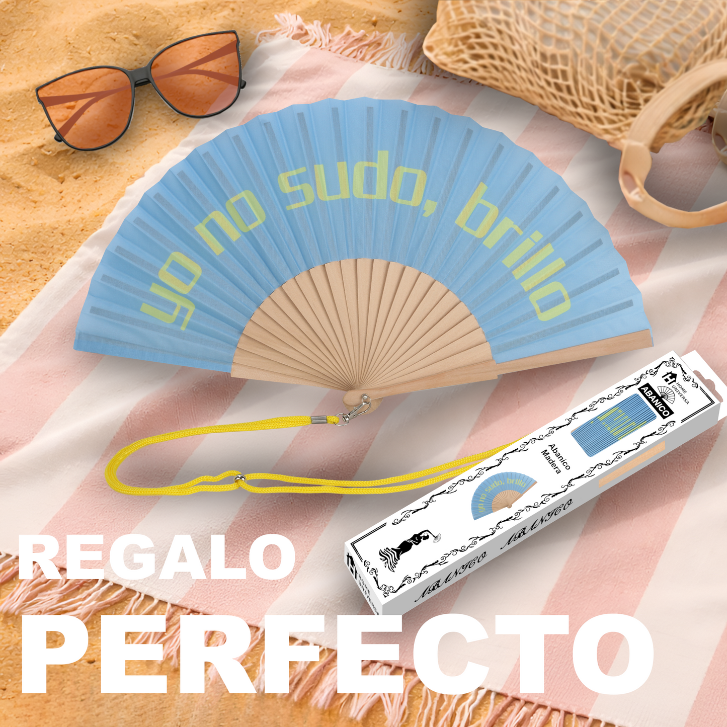 Home Universal® Abanico 23 cm con Cuerda para Cuello – Abanico Plegable de Madera Ligero y Portátil – Accesorio de Verano para Playa, Festivales, Bodas y Eventos – Diseño Divertido, Ideal para Viajes y Calor (yo no sudo, brillo (Celeste))