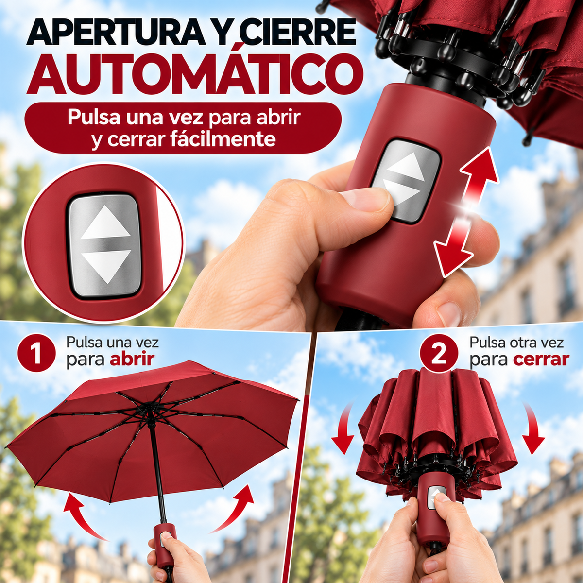Home Universal® Paraguas Automático Plegable Grande, Compacto y Resistente, para Lluvia y Sol (Automático Apertura y Cierre (Rojo))