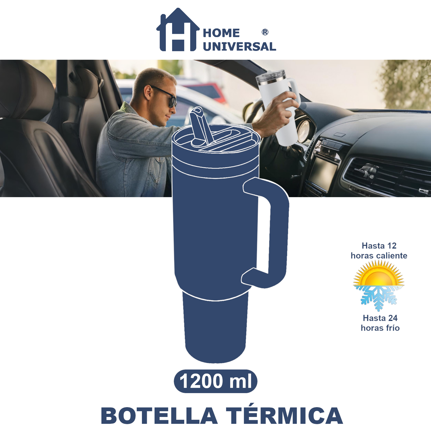 Home Universal ® Botella térmico 1200 ml con Pajita | A prueba de fugas | Acero Inoxidable sin BPA | Mantiene Frío 24h y Calor 12h | Termo Reutilizable Fácil de Llevar (Marrón Canela)