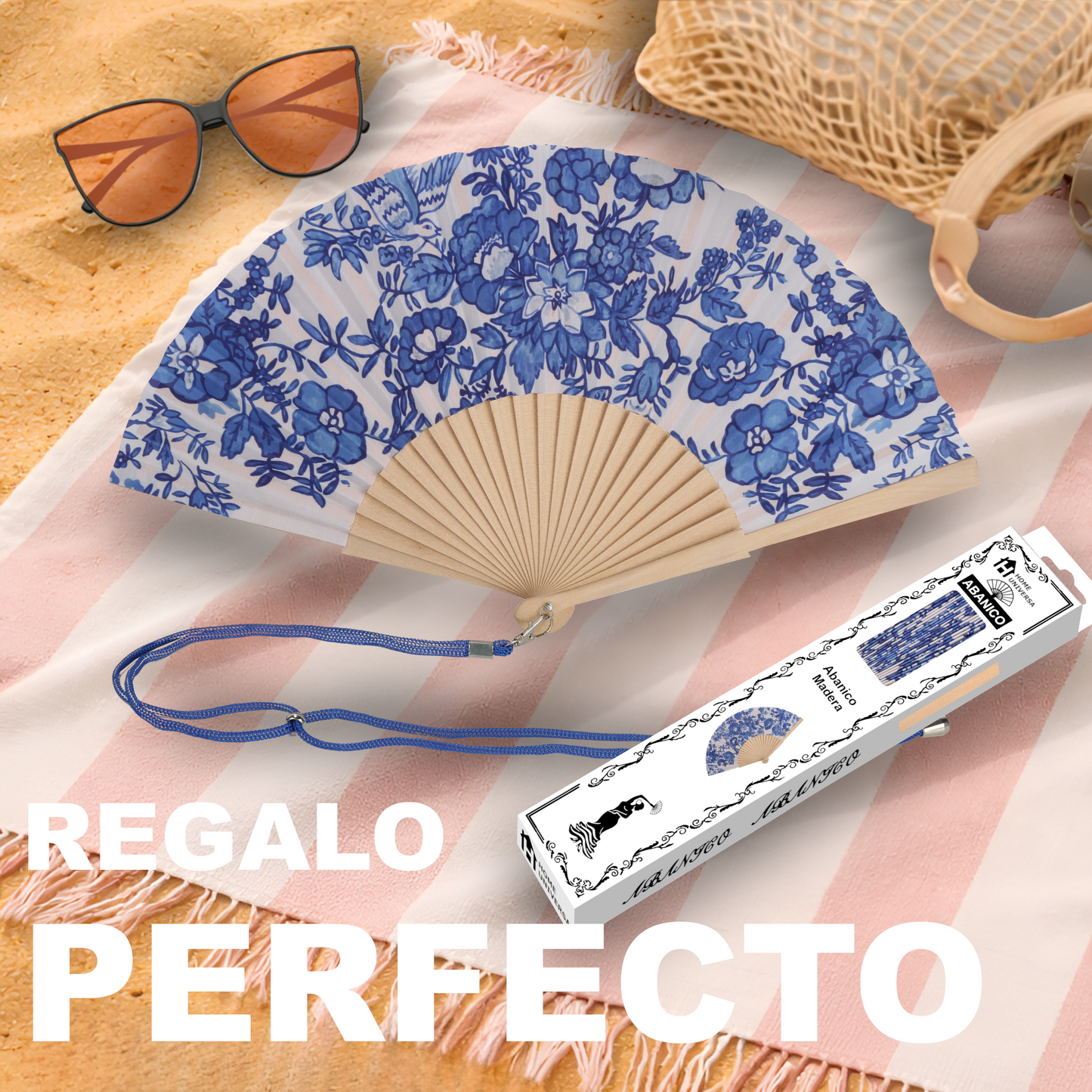 Home Universal® Abanico 23 cm con Cuerda para Cuello – Abanico Plegable de Madera Ligero y Portátil – Accesorio de Verano para Playa, Festivales, Bodas y Eventos – Diseño Divertido, Ideal para Viajes y Calor (Dibujo Flores Azul)