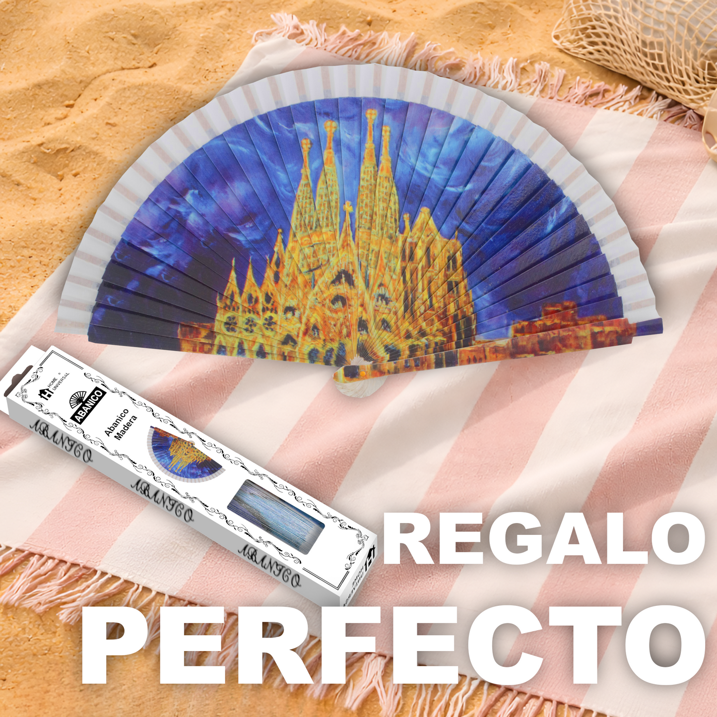 Home Universal®  Abanico 23CM DE Madera Lisa con Tela de Marfil, Abanico de Madera Adornado, Abanico Original - Sagrada Familia (Barcelona)