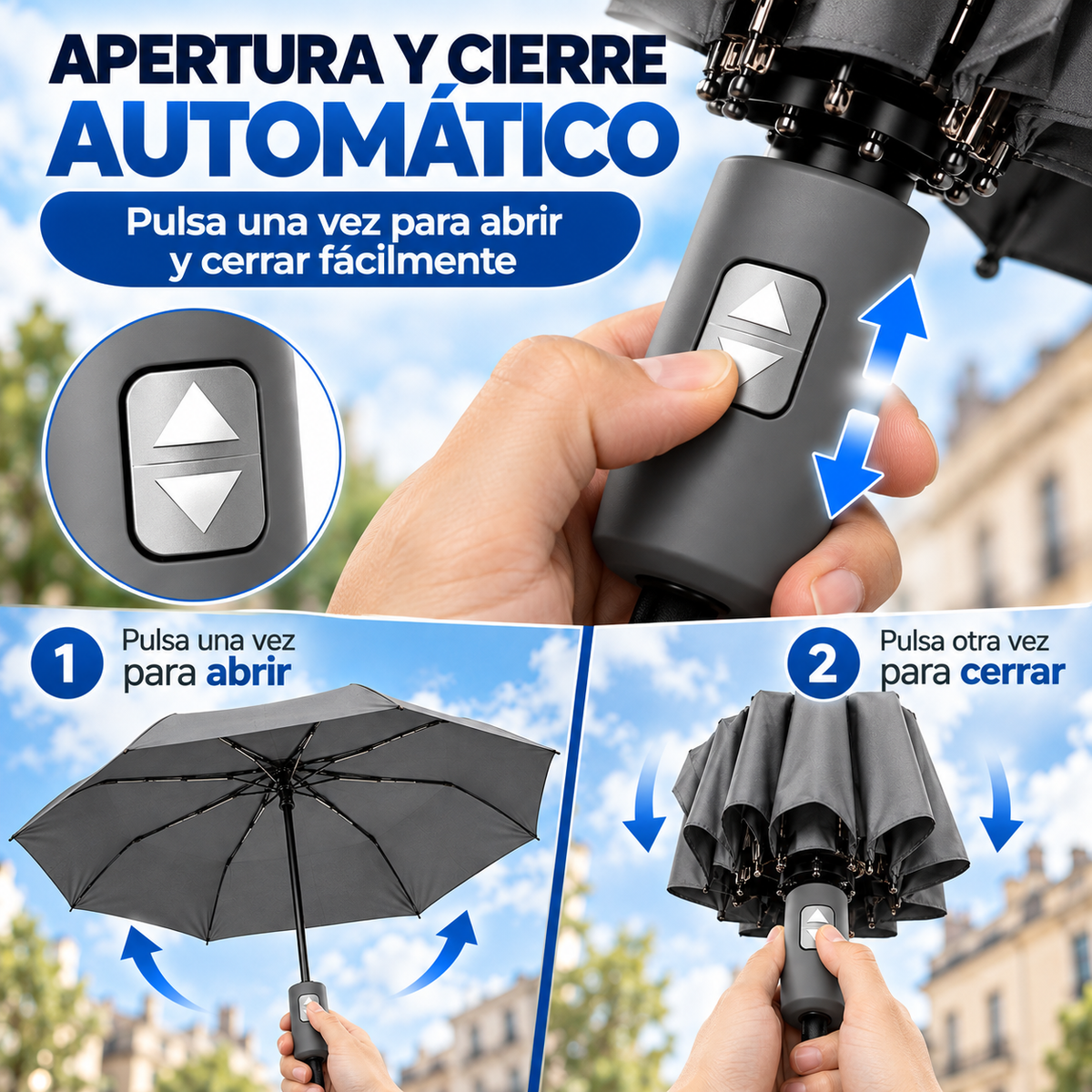 Home Universal® Paraguas Automático Plegable Grande, Compacto y Resistente, para Lluvia y Sol (Automático Apertura y Cierre (Gris))