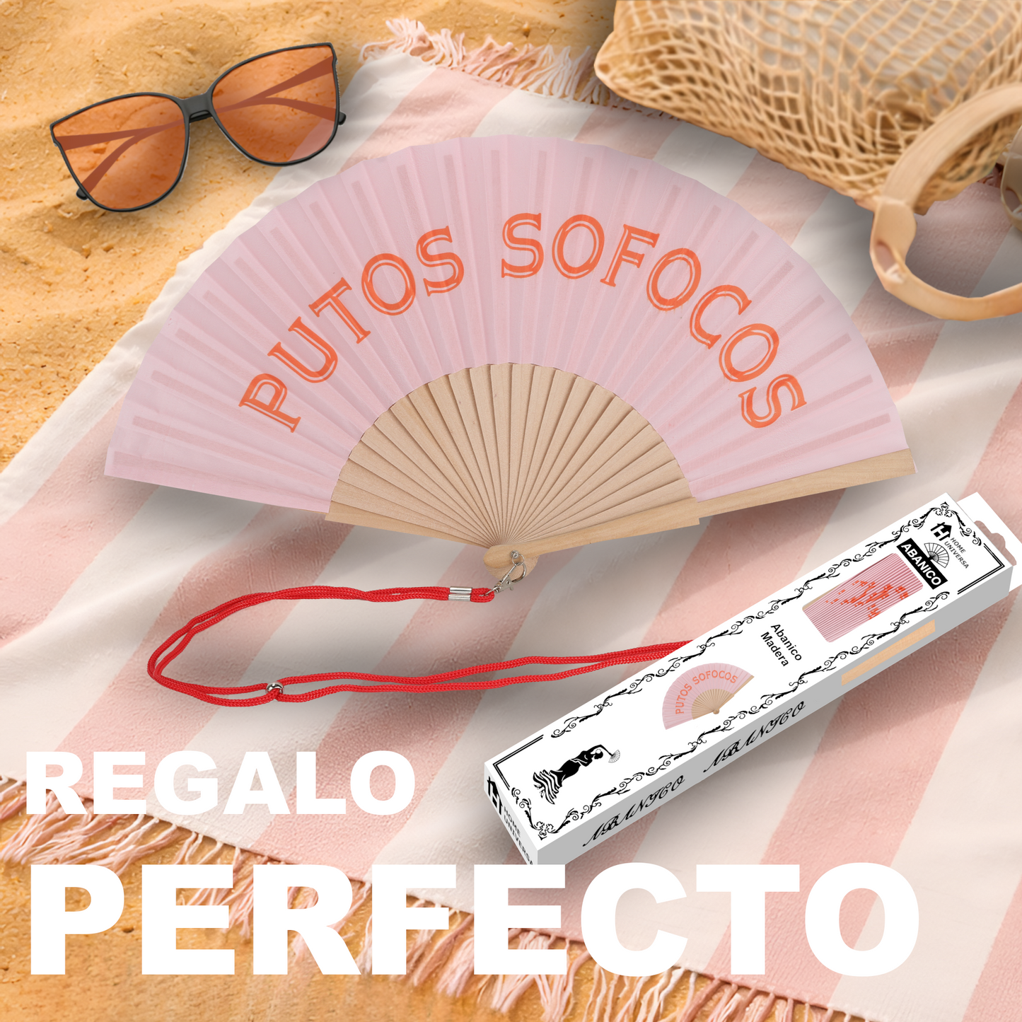 Home Universal® Abanico 23 cm con Cuerda para Cuello – Abanico Plegable de Madera Ligero y Portátil – Accesorio de Verano para Playa, Festivales, Bodas y Eventos – Diseño Divertido, Ideal para Viajes y Calor (P*TOS SOFOCOS (Rosa))