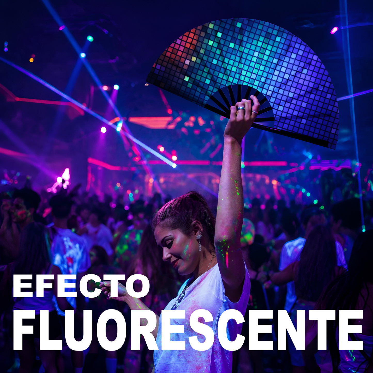 Home Universal® Abanico XXL 33 cm Grande de Plástico con Caja – Plegable, Ligero y Resistente – Efecto Fluorescente Brillante – Ideal para Verano, Fiesta, Discoteca, Pride y Eventos (Discoteca - Cuadrado)