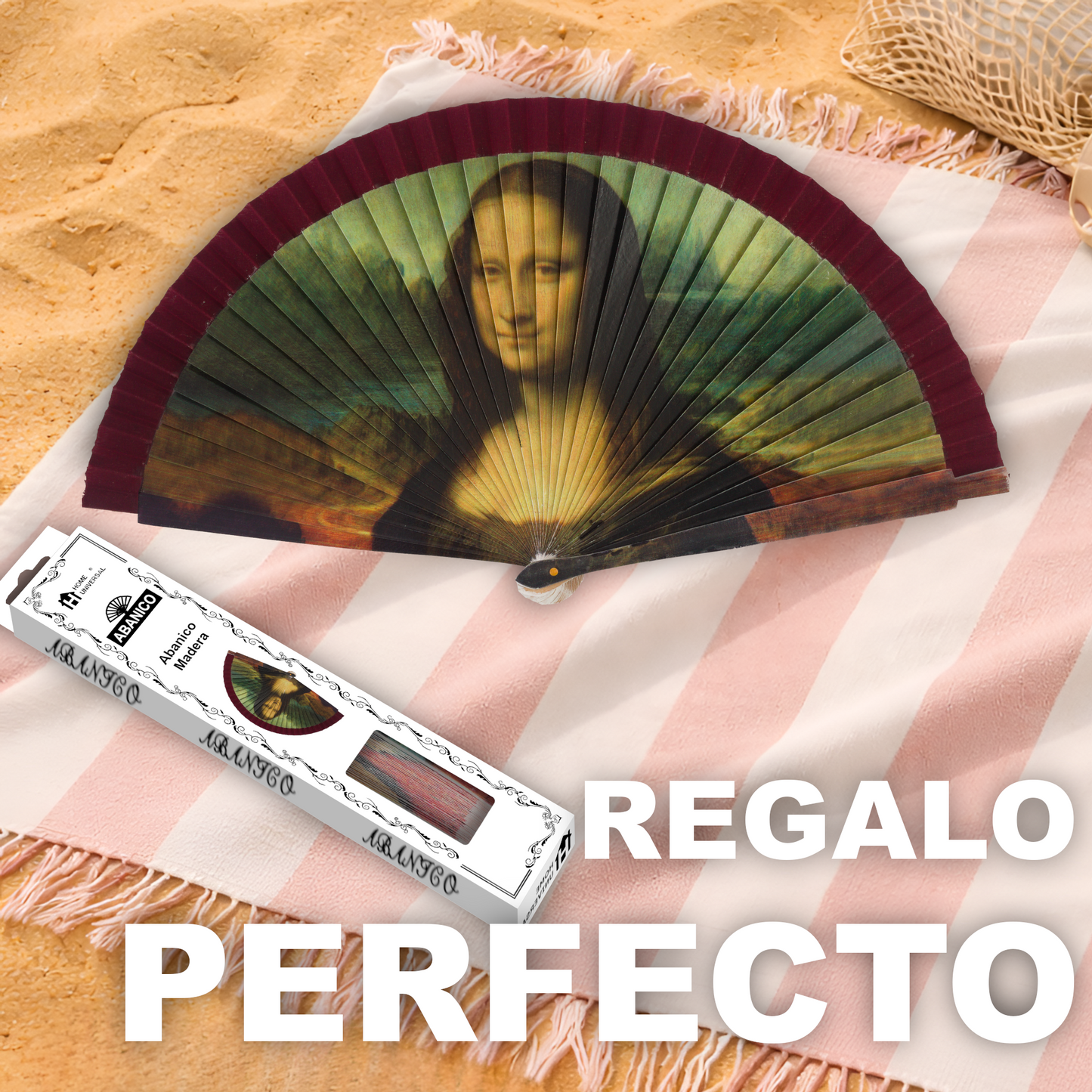 Home Universal®  Abanico 23CM DE Madera Lisa con Tela de Marfil, Abanico de Madera Adornado, Abanico Original - Mona Lisa (La Gioconda) de Leonardo da Vinci