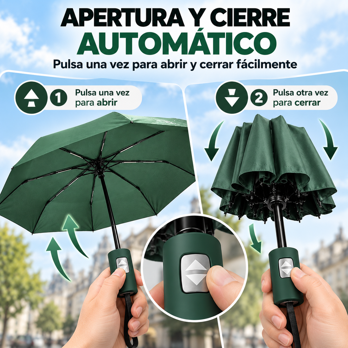 Home Universal® Paraguas Automático Plegable Grande, Compacto y Resistente, para Lluvia y Sol (Automático Apertura y Cierre (Verde))