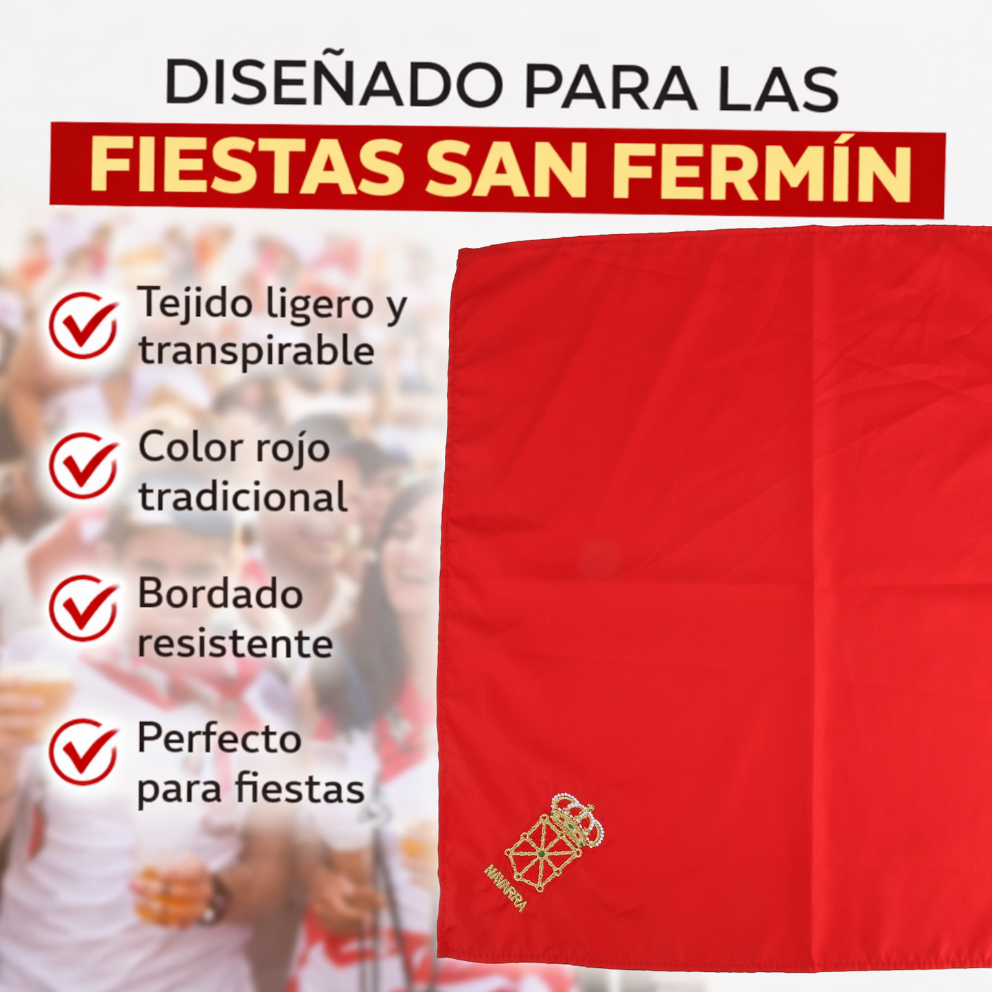 Home Universal® Fiestas Pamplona-Iruña (San Fermín) – Pack Set Accesorios con Pañuelos Rojos y Fajín Rojo Tradicional para Fiestas y Eventos, Estilo Oficial San Fermín (Pañuelo Rojo - Bordado de Escudo de Navarra)