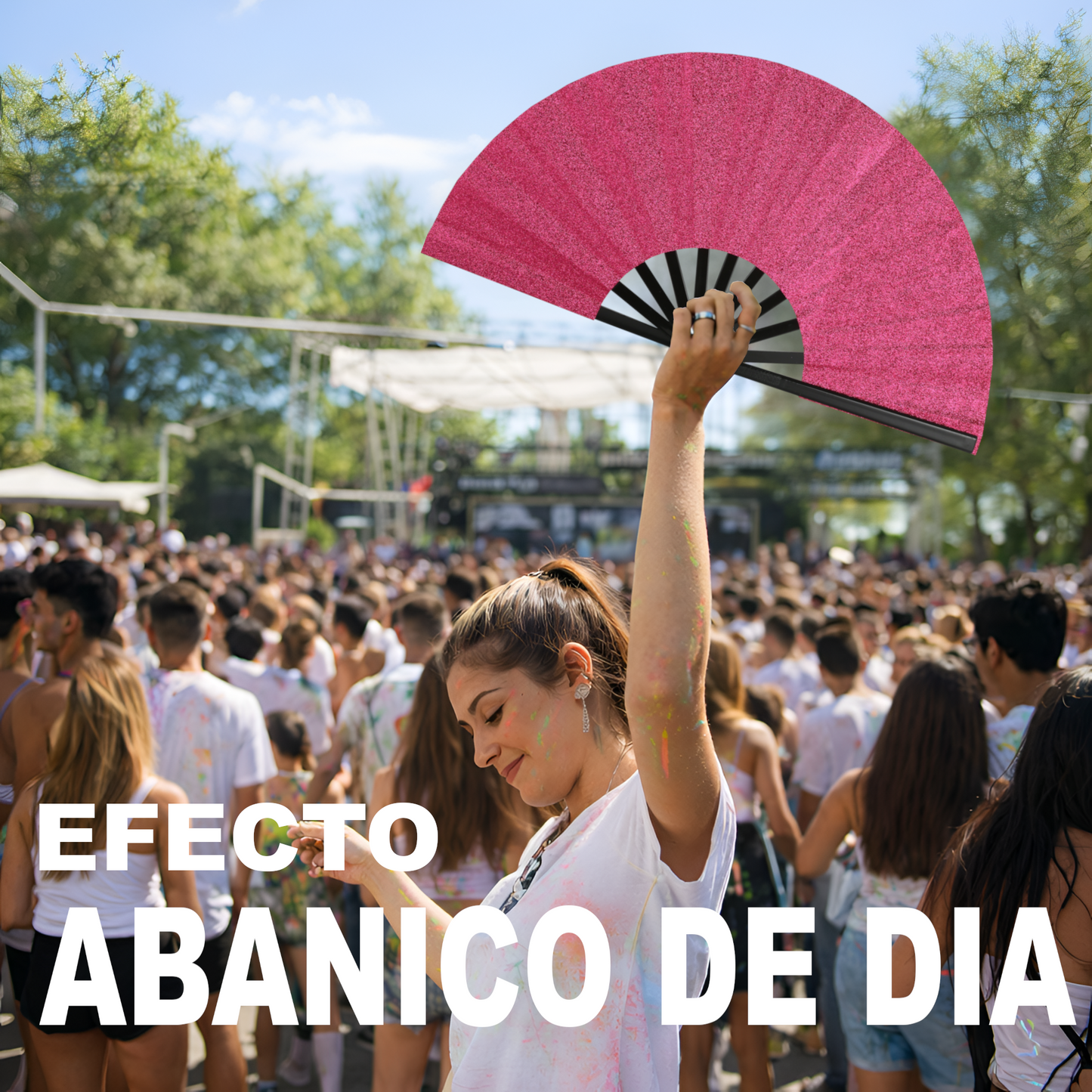 Home Universal® Abanico XXL 33 cm Grande de Plástico con Caja – Plegable, Ligero y Resistente – Efecto Fluorescente Brillante – Ideal para Verano, Fiesta, Discoteca, Pride y Eventos - Rosa (Purpurina)