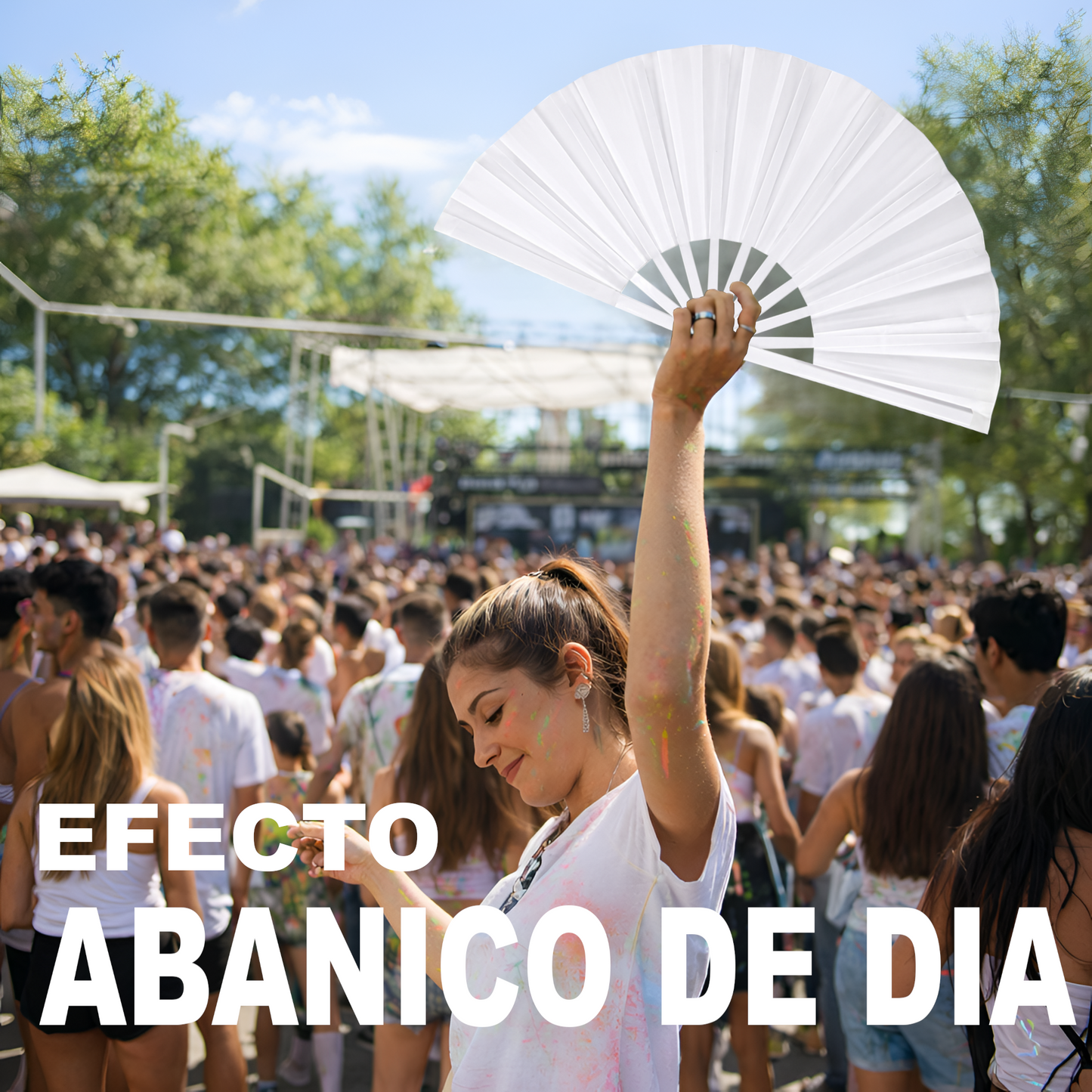 Home Universal® Abanico XXL 33 cm Grande de Plástico con Caja – Plegable, Ligero y Resistente – Efecto Fluorescente Brillante – Ideal para Verano, Fiesta, Discoteca, Pride y Eventos - Blanco (Liso)