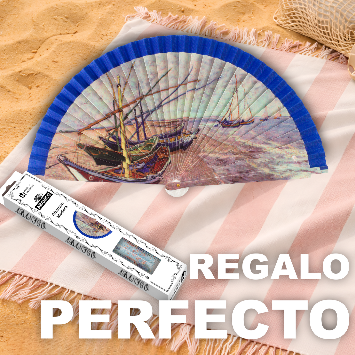 Home Universal®  Abanico 23CM DE Madera Lisa con Tela de Marfil, Abanico de Madera Adornado, Abanico Original - Barcos pesqueros de Vincent van Gogh