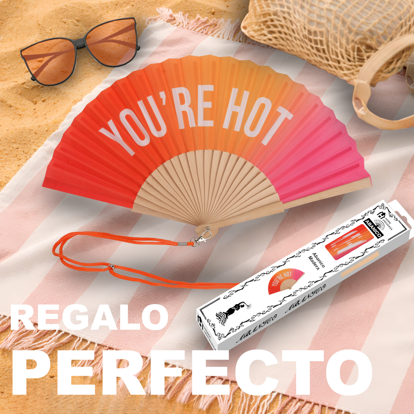 Home Universal® Abanico 23 cm con Cuerda para Cuello – Abanico Plegable de Madera Ligero y Portátil – Accesorio de Verano para Playa, Festivales, Bodas y Eventos – Diseño Divertido, Ideal para Viajes y Calor (YOU´RE HOT (Cálido))