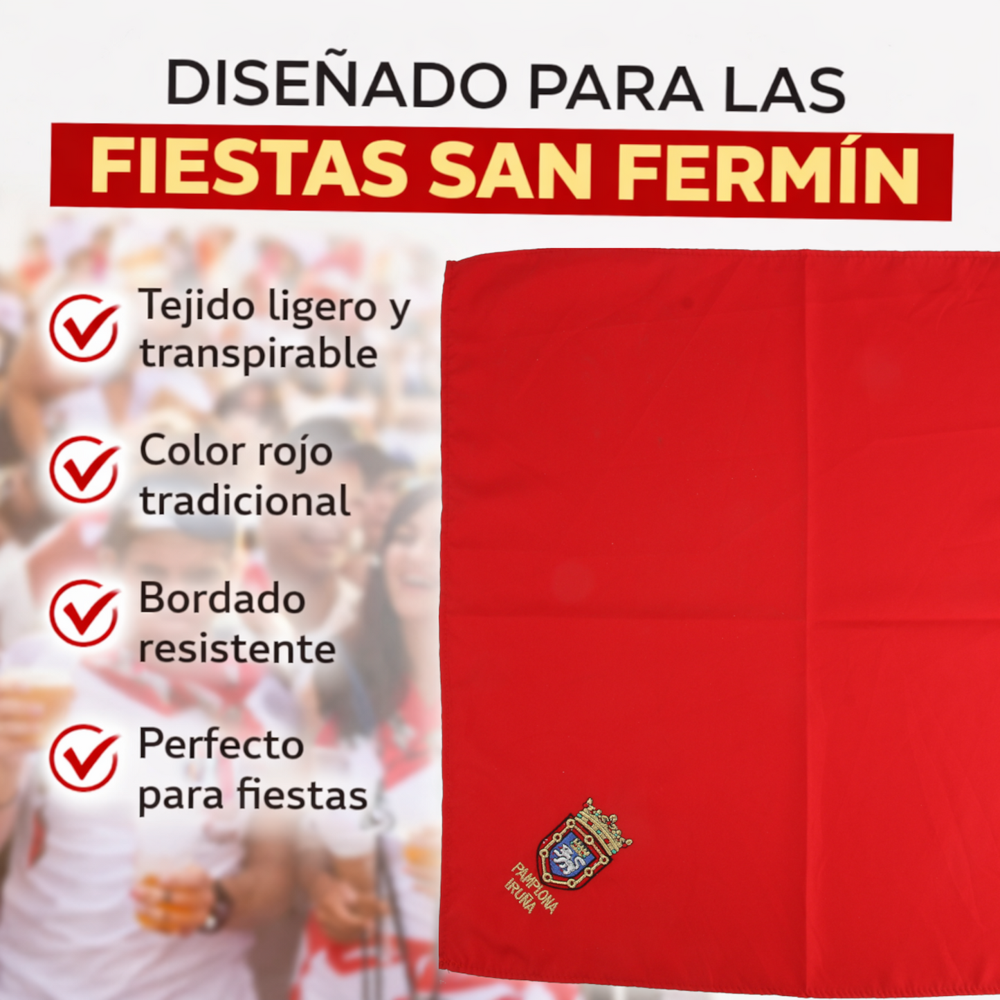 Home Universal® Fiestas Pamplona-Iruña (San Fermín) – Pack Set Accesorios con Pañuelos Rojos y Fajín Rojo Tradicional para Fiestas y Eventos, Estilo Oficial San Fermín (Pañuelo Rojo - Bordado de Escudo de Pamplona)