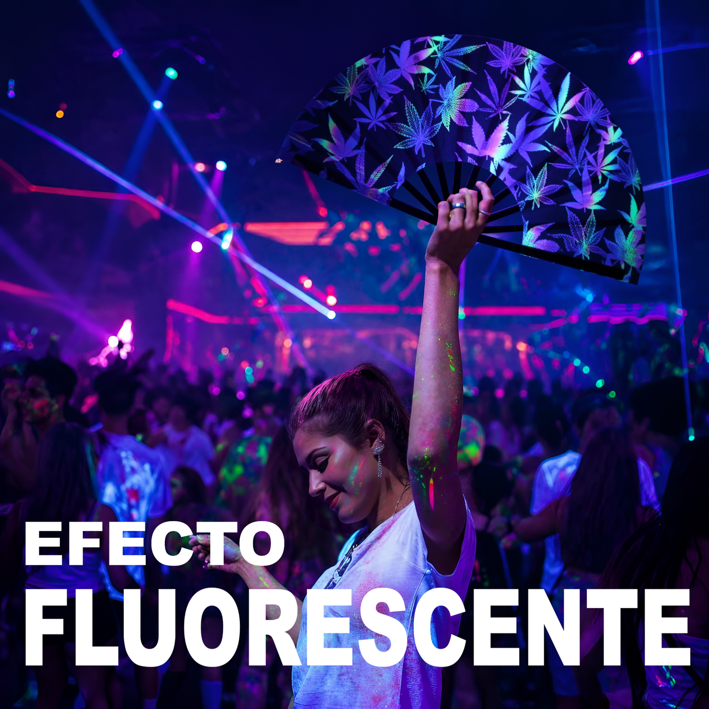 Home Universal® Abanico XXL 33 cm Grande de Plástico con Caja – Plegable, Ligero y Resistente – Efecto Fluorescente Brillante – Ideal para Verano, Fiesta, Discoteca, Pride y Eventos (Hierbas - Multicolor)