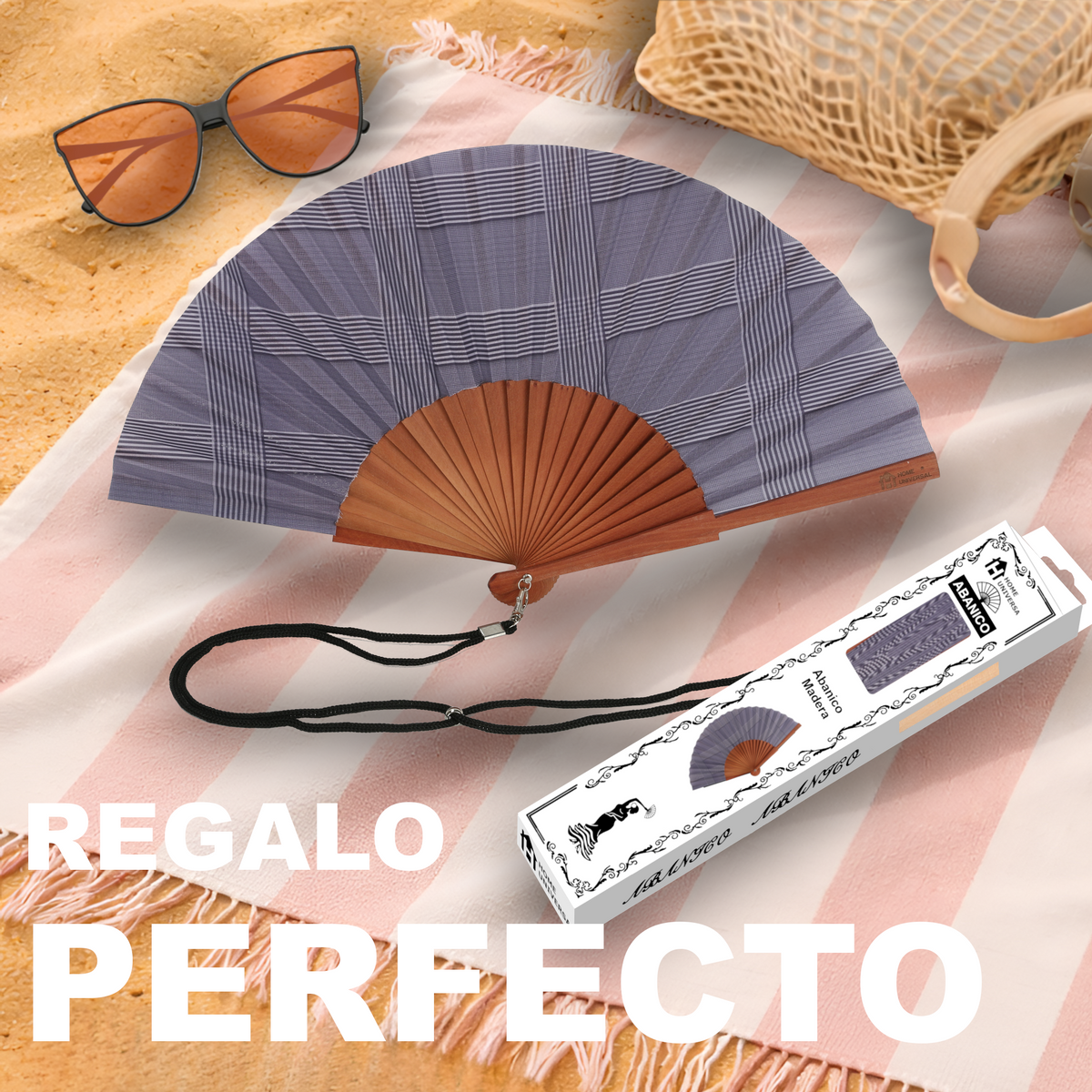 Home Universal® Abanico de Madera con Tela 23 cm, Abanico Plegable de Mano con Cordón, Ligero y Portátil para Verano, Bodas, Ferias y Fiestas (Cuadro Gris)