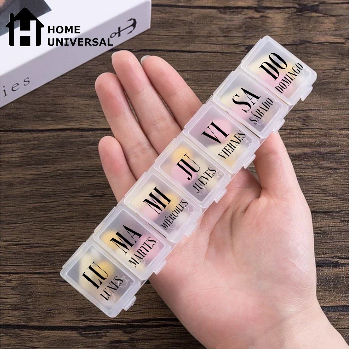 Home Universal® Pastillero portátil y semanal con 6, 7 o 28 compartimentos | Caja organizadora de pastillas con cortador integrado – Diferentes colores y formatos (Pastillero semanal 7 compartimentos - Rectangular)