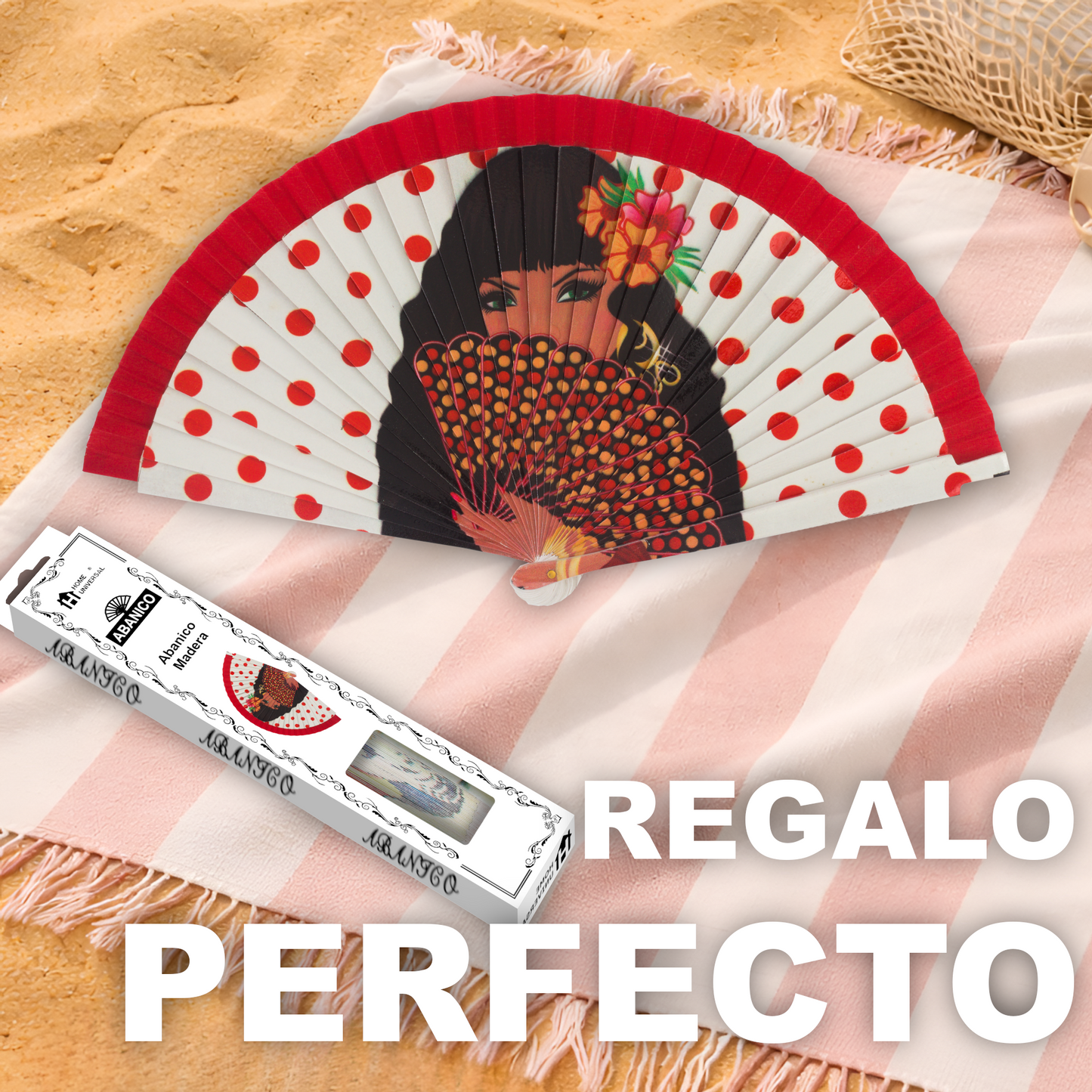 Home Universal®  Abanico 23CM DE Madera Lisa con Tela de Marfil, Abanico de Madera Adornado, Abanico Original - Chica Flamenca (Dibujo Artístico)