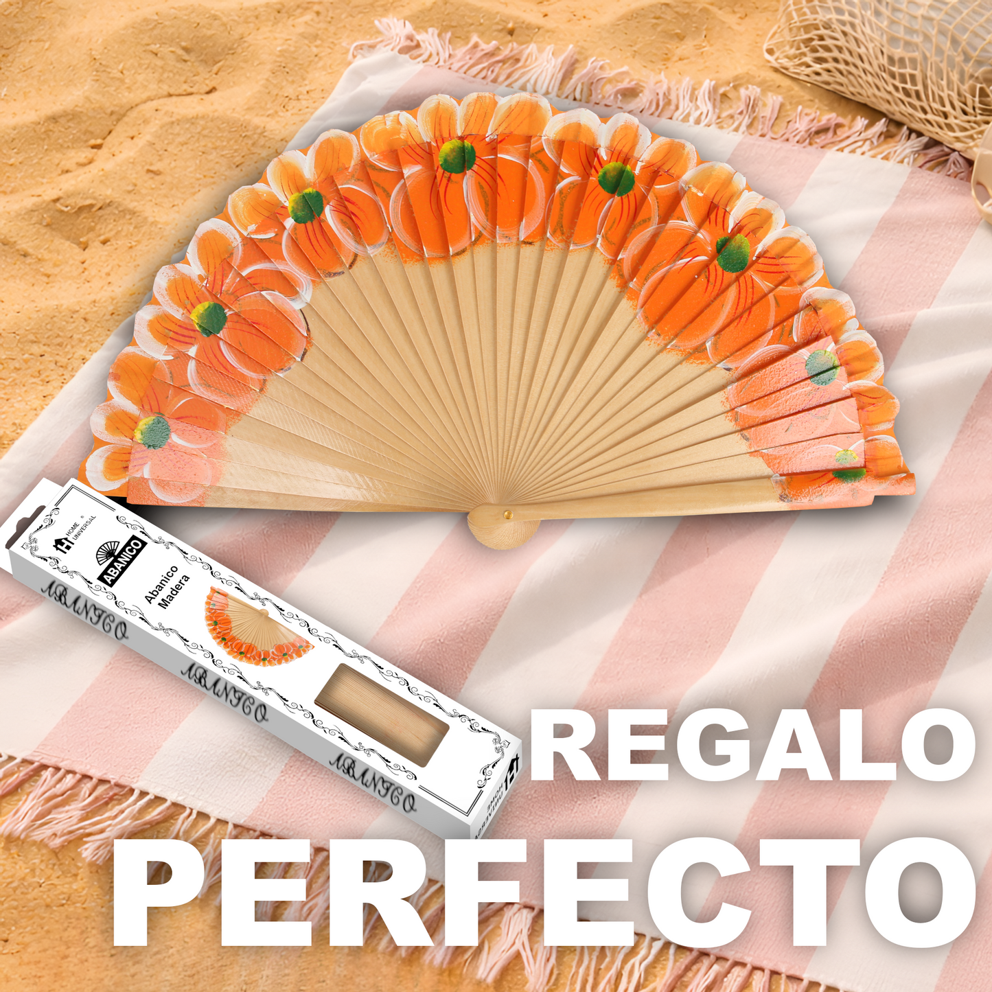 Home Universal®  Abanico 23CM DE Madera Lisa con Tela de Marfil, Abanico de Madera Adornado, Abanico Original - Floral Naranja