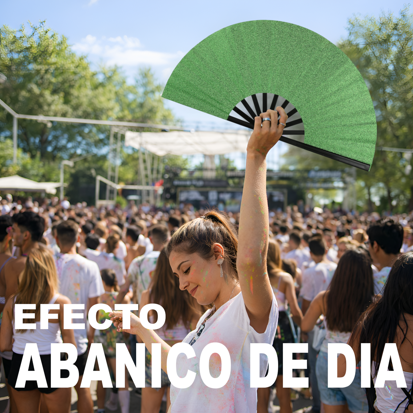 Home Universal® Abanico XXL 33 cm Grande de Plástico con Caja – Plegable, Ligero y Resistente – Efecto Fluorescente Brillante – Ideal para Verano, Fiesta, Discoteca, Pride y Eventos - Verde Claro (Purpurina)