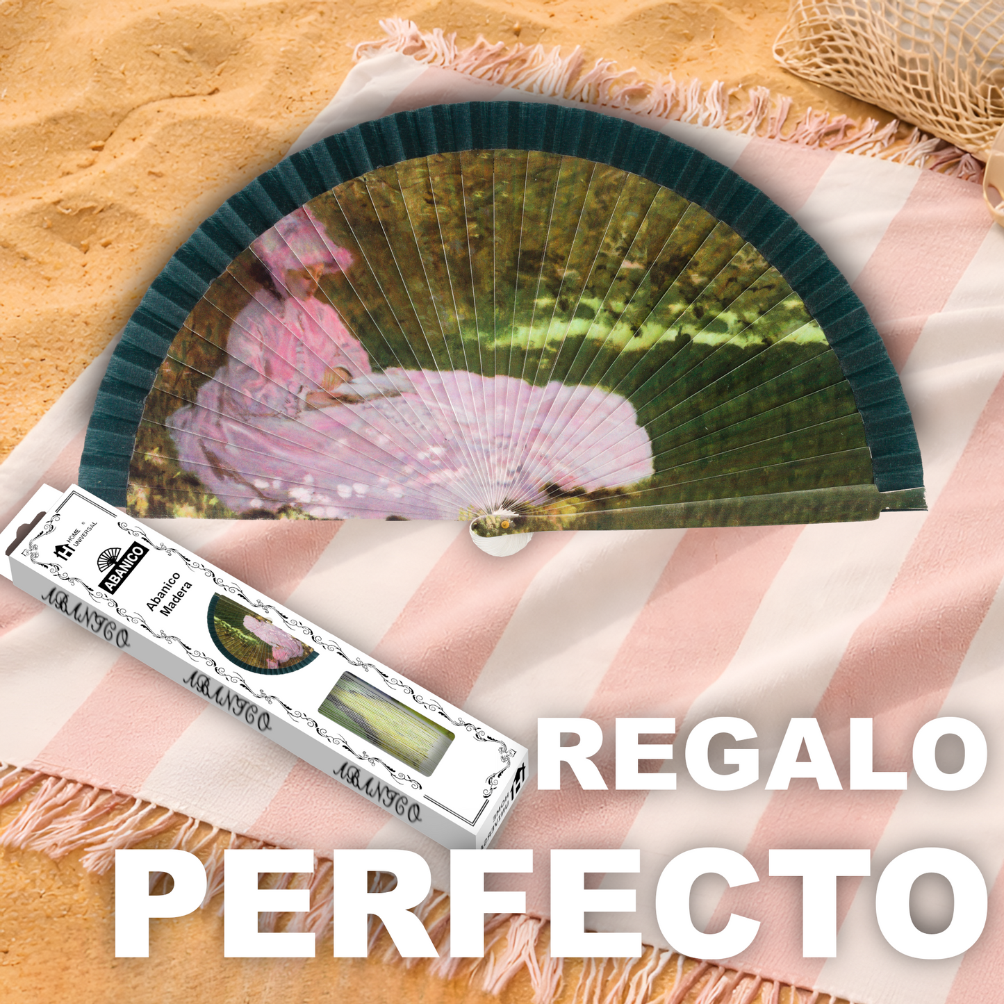 Home Universal®  Abanico 23CM DE Madera Lisa con Tela de Marfil, Abanico de Madera Adornado, Abanico Original - Una Mujer Leyendo de Claude Monet