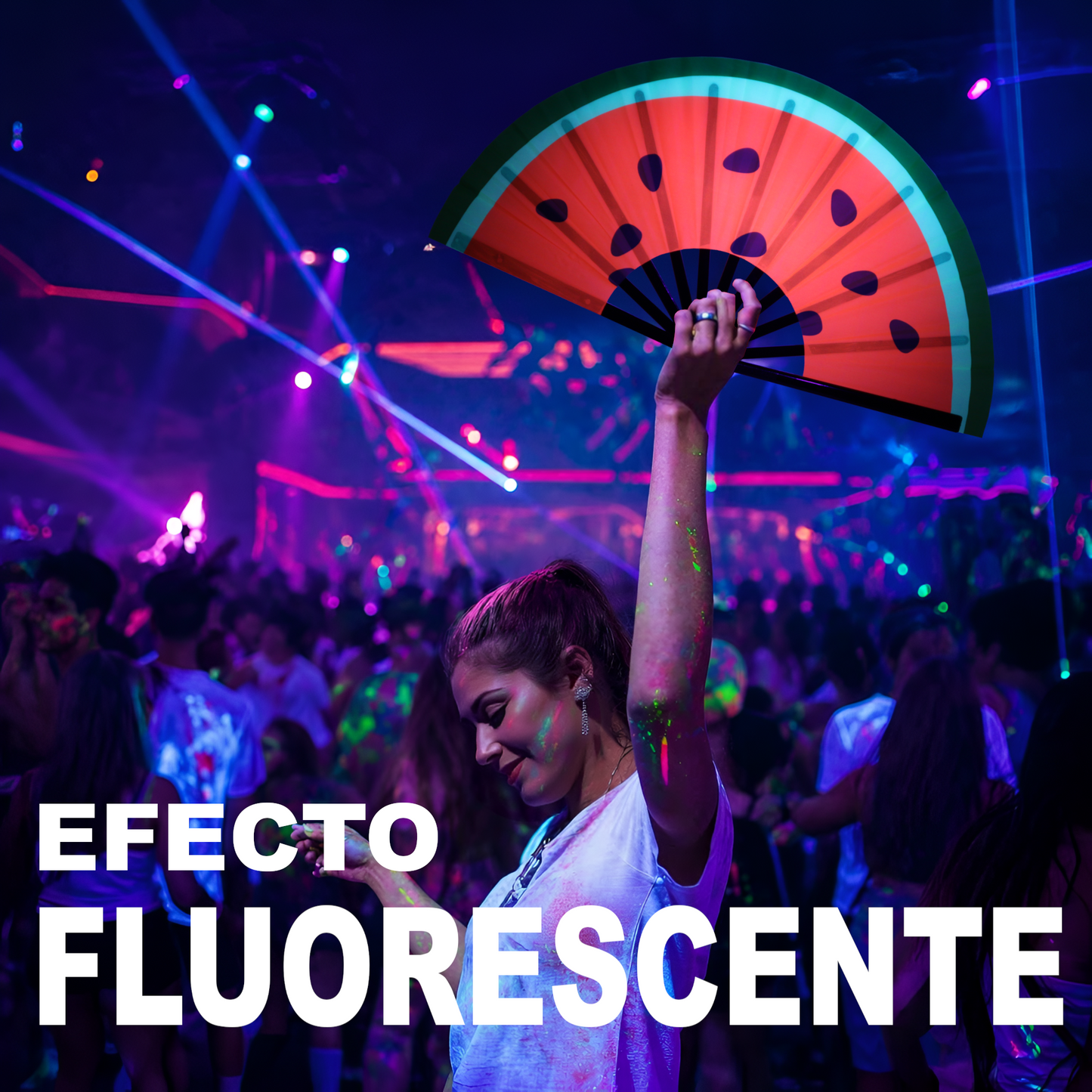 Home Universal® Abanico XXL 33 cm Grande de Plástico con Caja – Plegable, Ligero y Resistente – Efecto Fluorescente Brillante – Ideal para Verano, Fiesta, Discoteca, Pride y Eventos (Sandia)