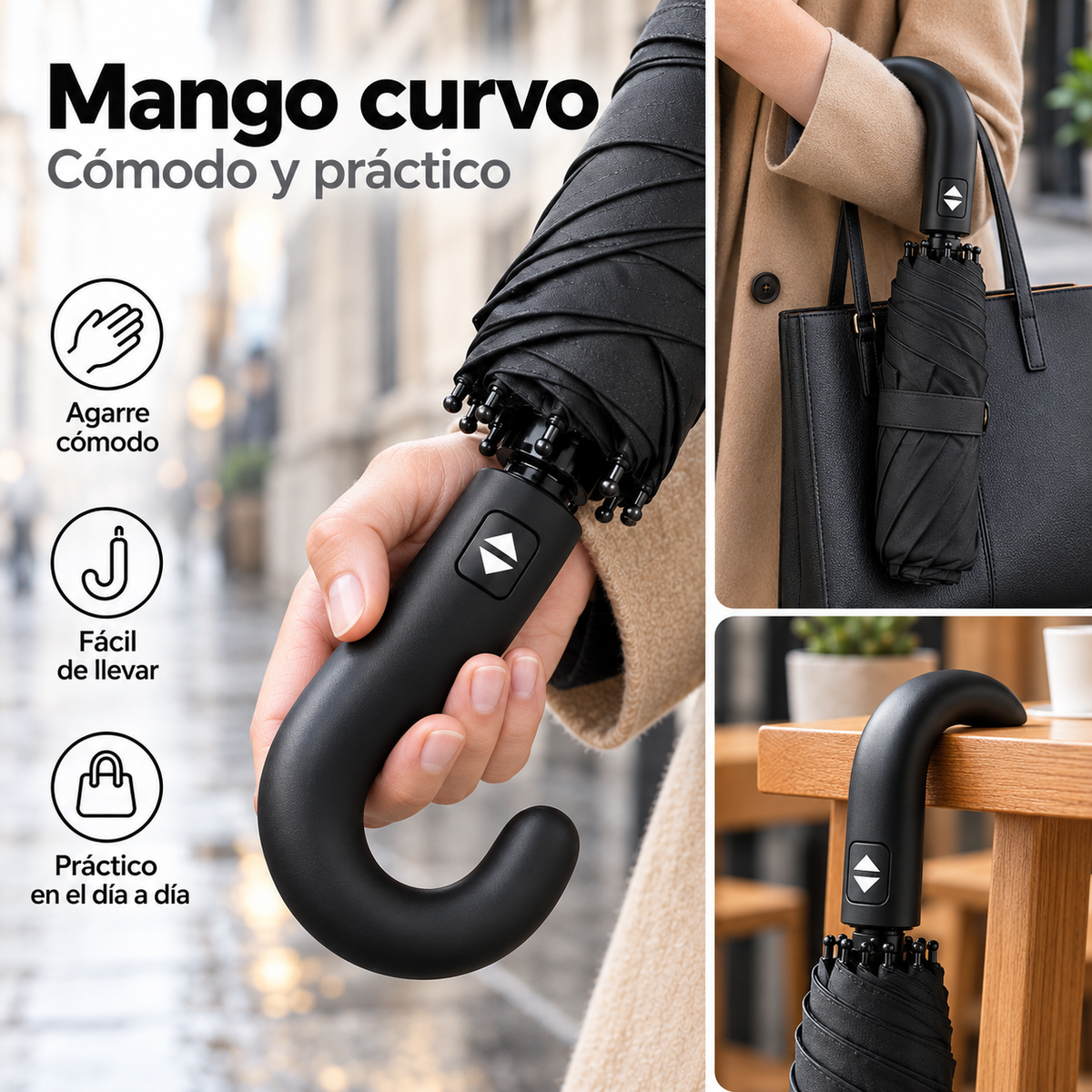 Home Universal® Paraguas Automático Plegable Grande, Compacto y Resistente, para Lluvia y Sol (Mango Curvo (Negro))