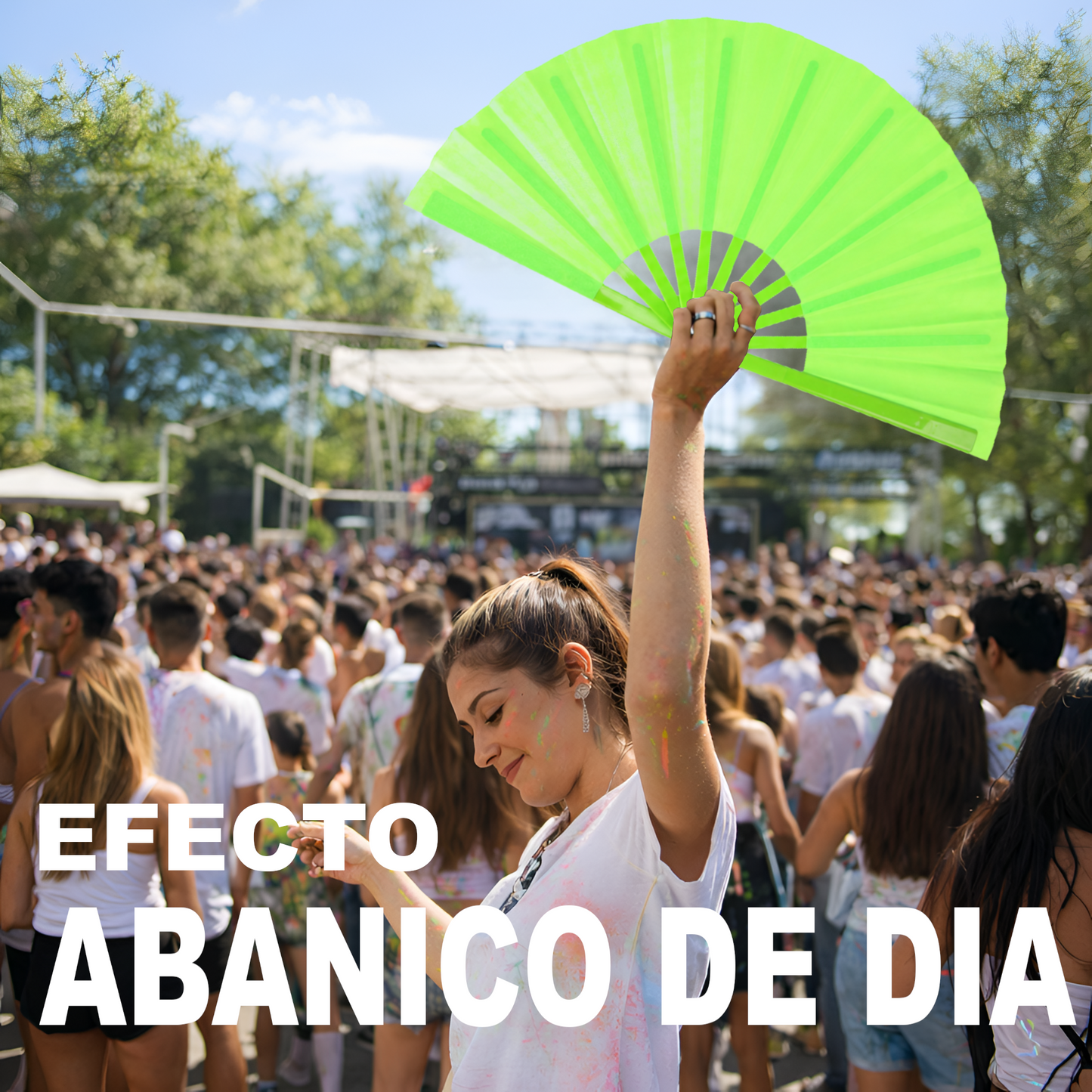 Home Universal® Abanico XXL 33 cm Grande de Plástico con Caja – Plegable, Ligero y Resistente – Efecto Fluorescente Brillante – Ideal para Verano, Fiesta, Discoteca, Pride y Eventos - Verde (Liso)