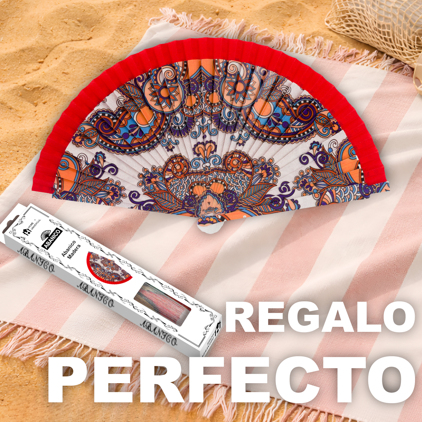Home Universal®  Abanico 23CM DE Madera Lisa con Tela de Marfil, Abanico de Madera Adornado, Abanico Original - Estampado Floral con Tela Rojo