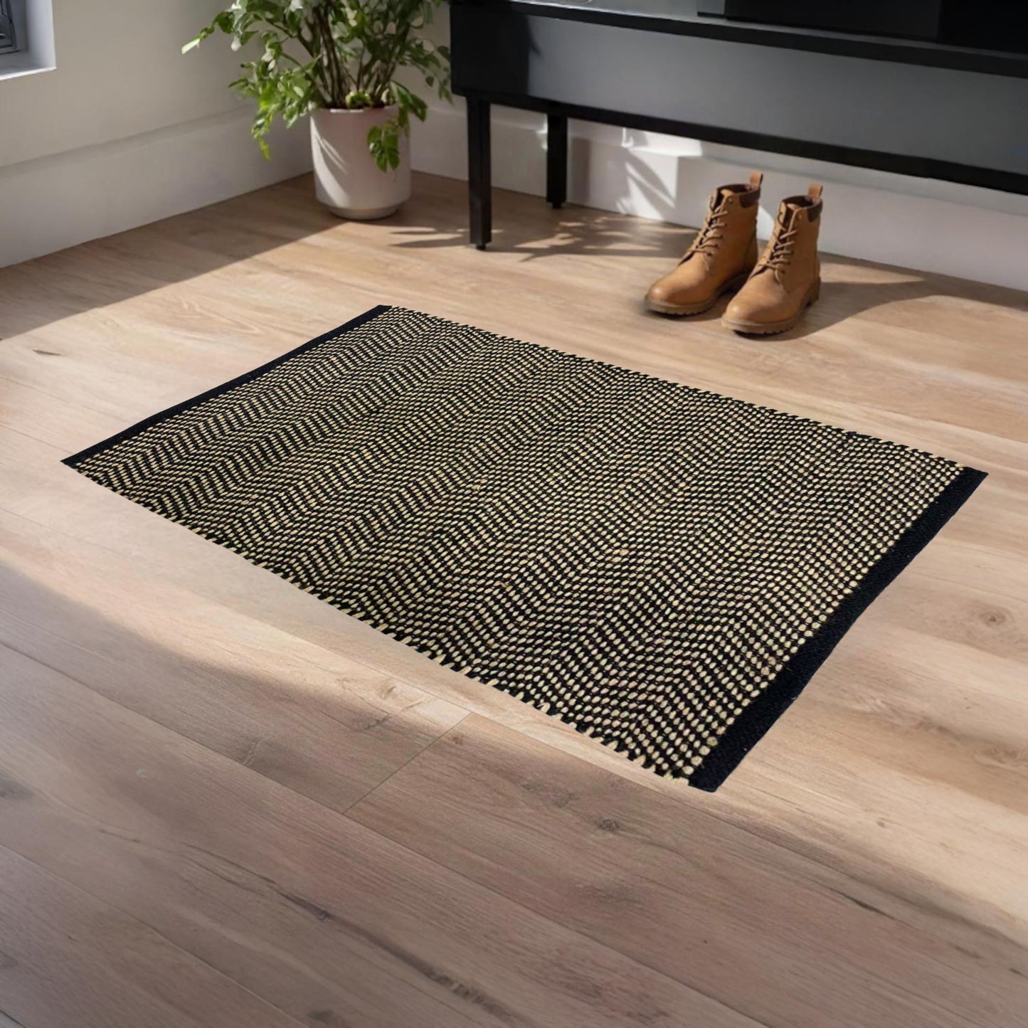 Home Universal® Alfombra Jarapa de Algodón Lavable | Diseño Geométrico Artesanal | Decoración Boho Mediterránea para Salón, Dormitorio, Pasillo y Cocina | Suave, Ligera y Resistente | Zigzag Ébano