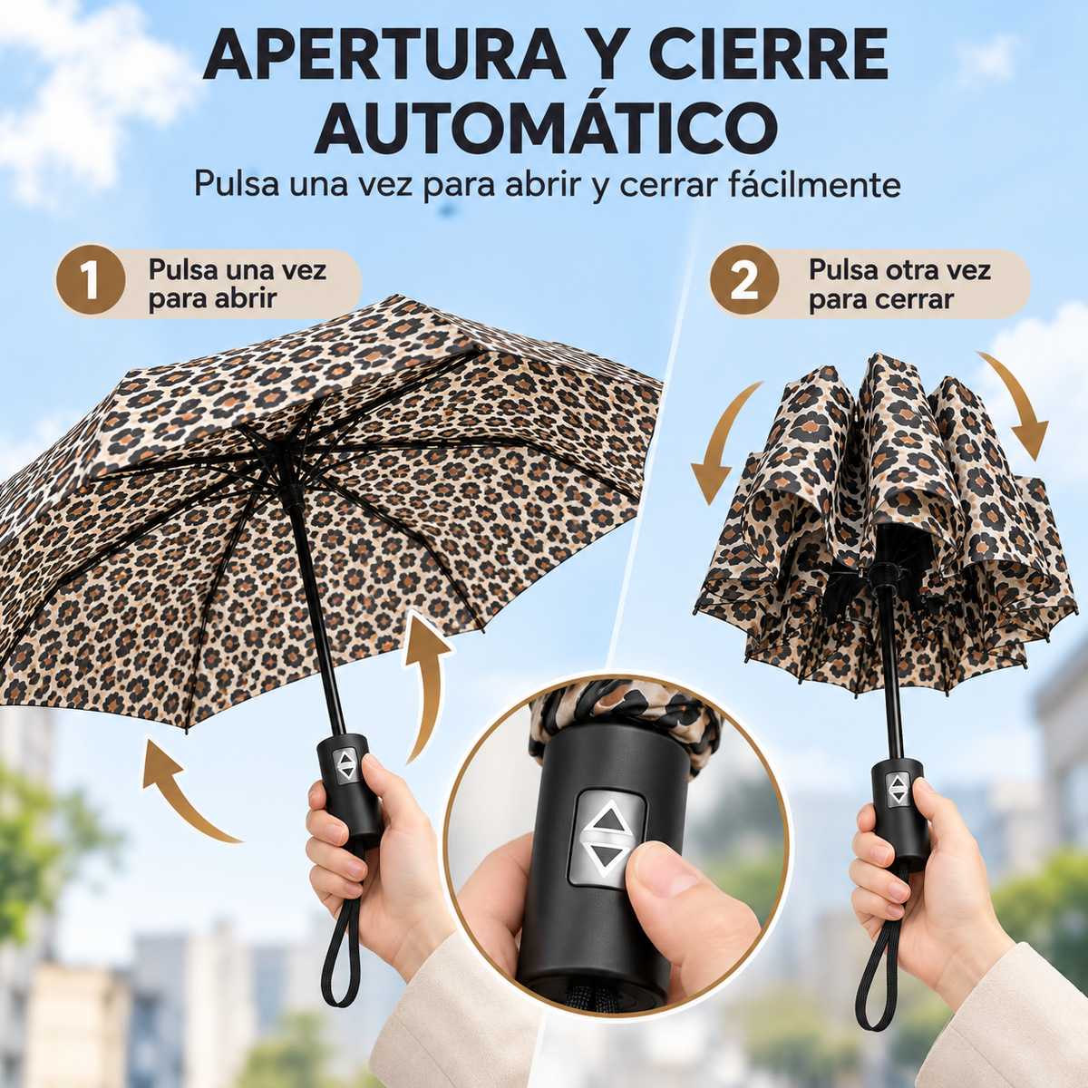 Home Universal® Paraguas Automático Plegable Grande, Compacto y Resistente, para Lluvia y Sol (Automático Apertura y Cierre (Leopardo Marrón))