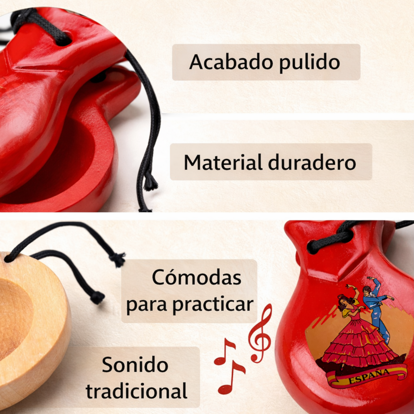 Home Universal® Castañuelas Flamencas Rojas con Lunares, Castañuelas Españolas para Baile de Flamenco,Sonido Tradicional,Ideales para Fiestas de Sevilla, Ferias, Disfraces y Eventos Españoles,2 Piezas (Color Liso · Marrón)
