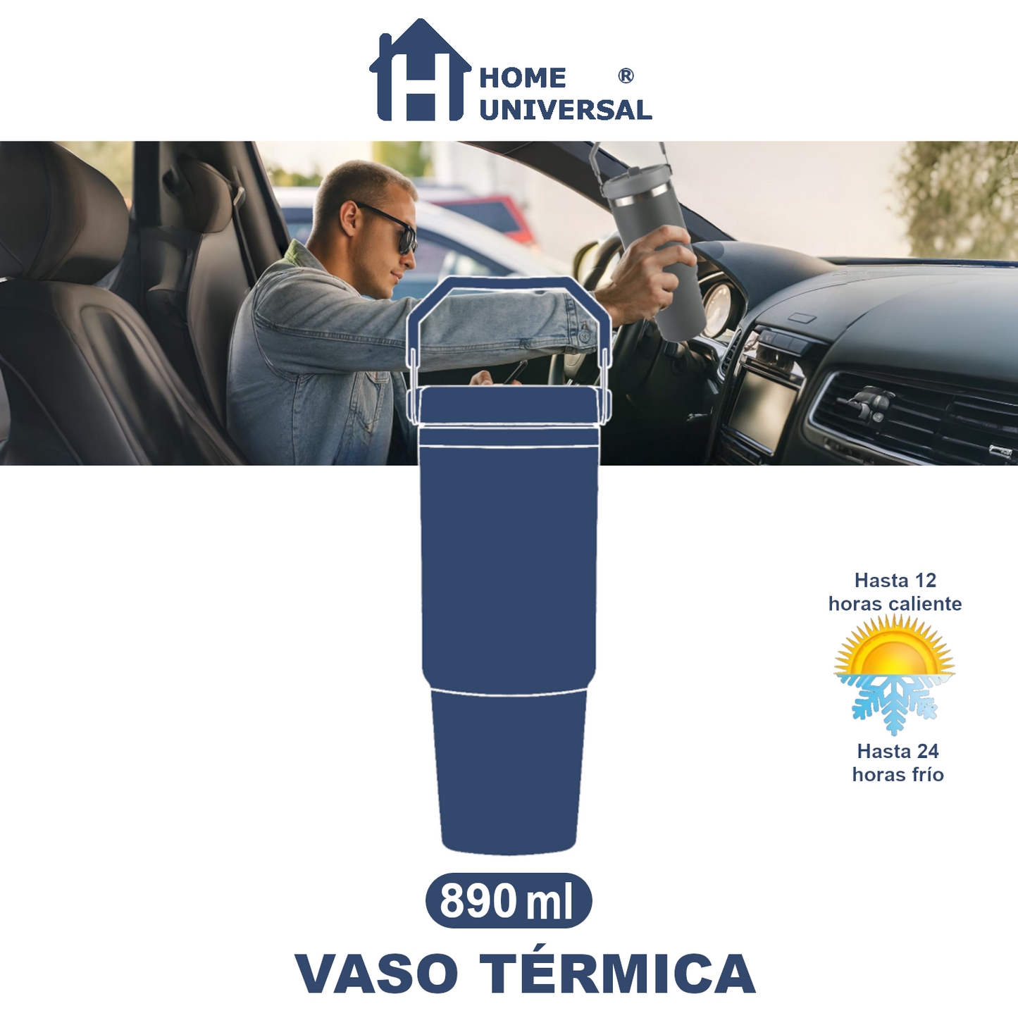 Home Universal ® Vaso térmico 890 ml | Botella de Agua Térmica 0,89L con Pajita | Acero Inoxidable sin BPA | Mantiene Frío 24h y Calor 12h | Termo Reutilizable Fácil de Llevar y Apto Lavavajillas (Negro)