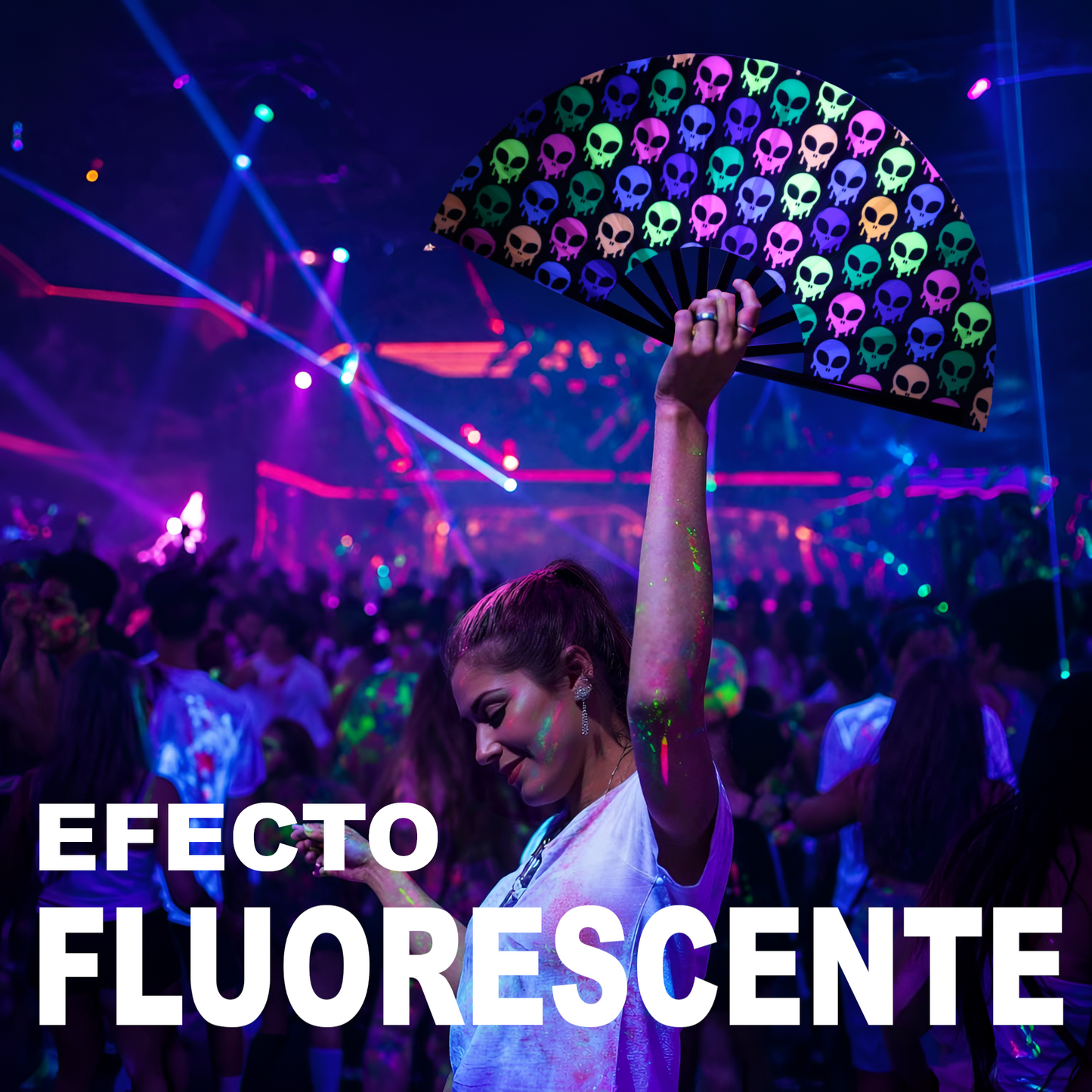 Home Universal® Abanico XXL 33 cm Grande de Plástico con Caja – Plegable, Ligero y Resistente – Efecto Fluorescente Brillante – Ideal para Verano, Fiesta, Discoteca, Pride y Eventos (Alienigena - Multicolor)