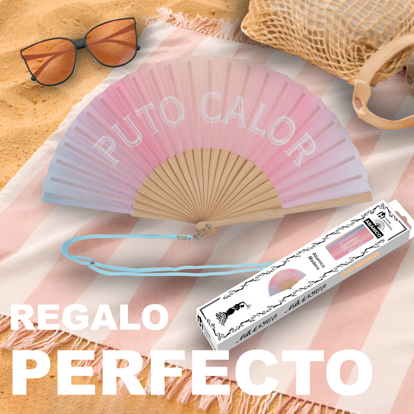 Home Universal® Abanico 23 cm con Cuerda para Cuello – Abanico Plegable de Madera Ligero y Portátil – Accesorio de Verano para Playa, Festivales, Bodas y Eventos – Diseño Divertido, Ideal para Viajes y Calor (P*TO CALOR (Fantasía))