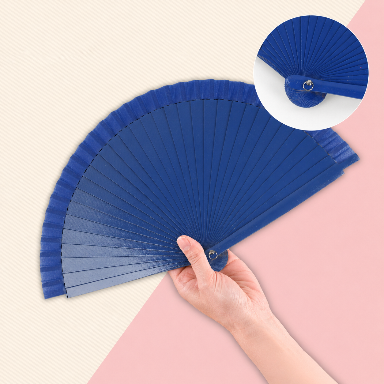Home Universal® Pack de 1/2 Abanicos de Madera Lacados, Disponibles en Varios Colores y Tamaños, Abanico Flamenco Español para Bodas, Ferias, Fiestas, Comuniones y Eventos (23 cm, Azul Oscuro)